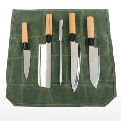 Hiroshi Steel and Wooden Handled Chef's Knife Set with Knife Roll