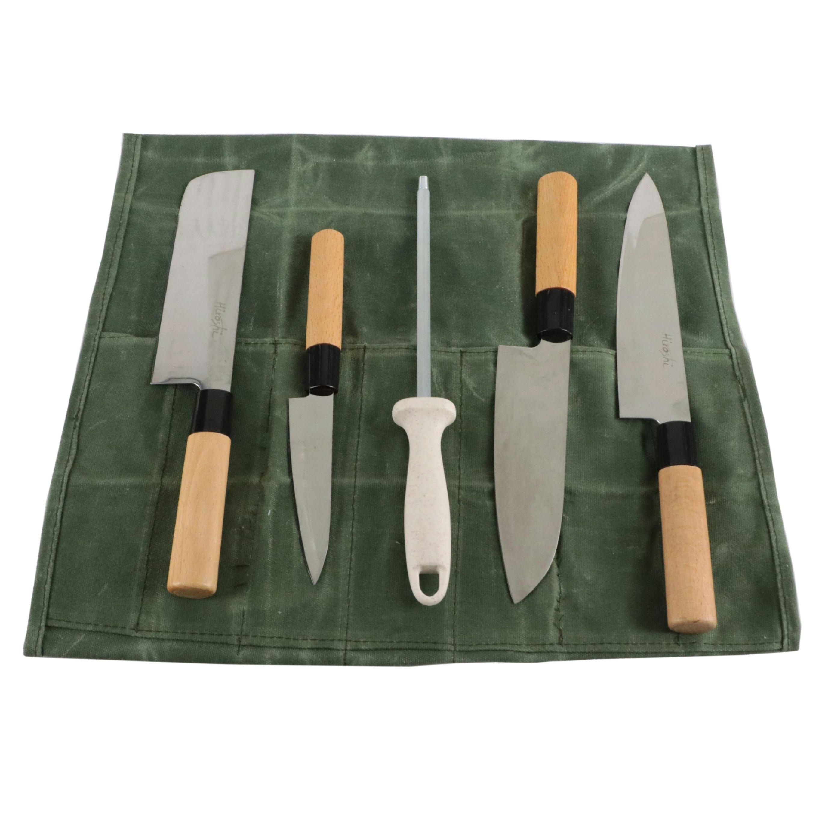 Hiroshi Stainless Steel Wood-Handled Kitchen Knife Set with Sharpening Steel