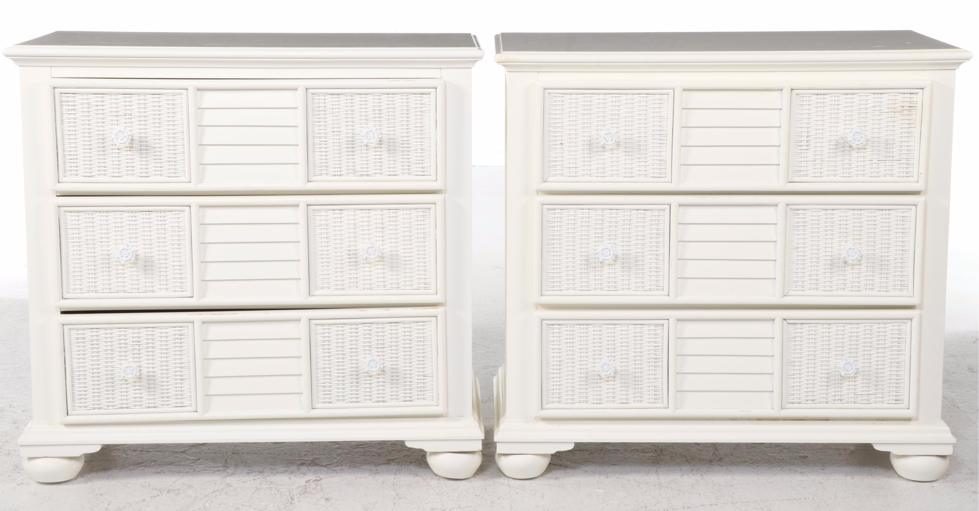 Pair of Pelican Reef White-Painted Wood and Wicker Chests
