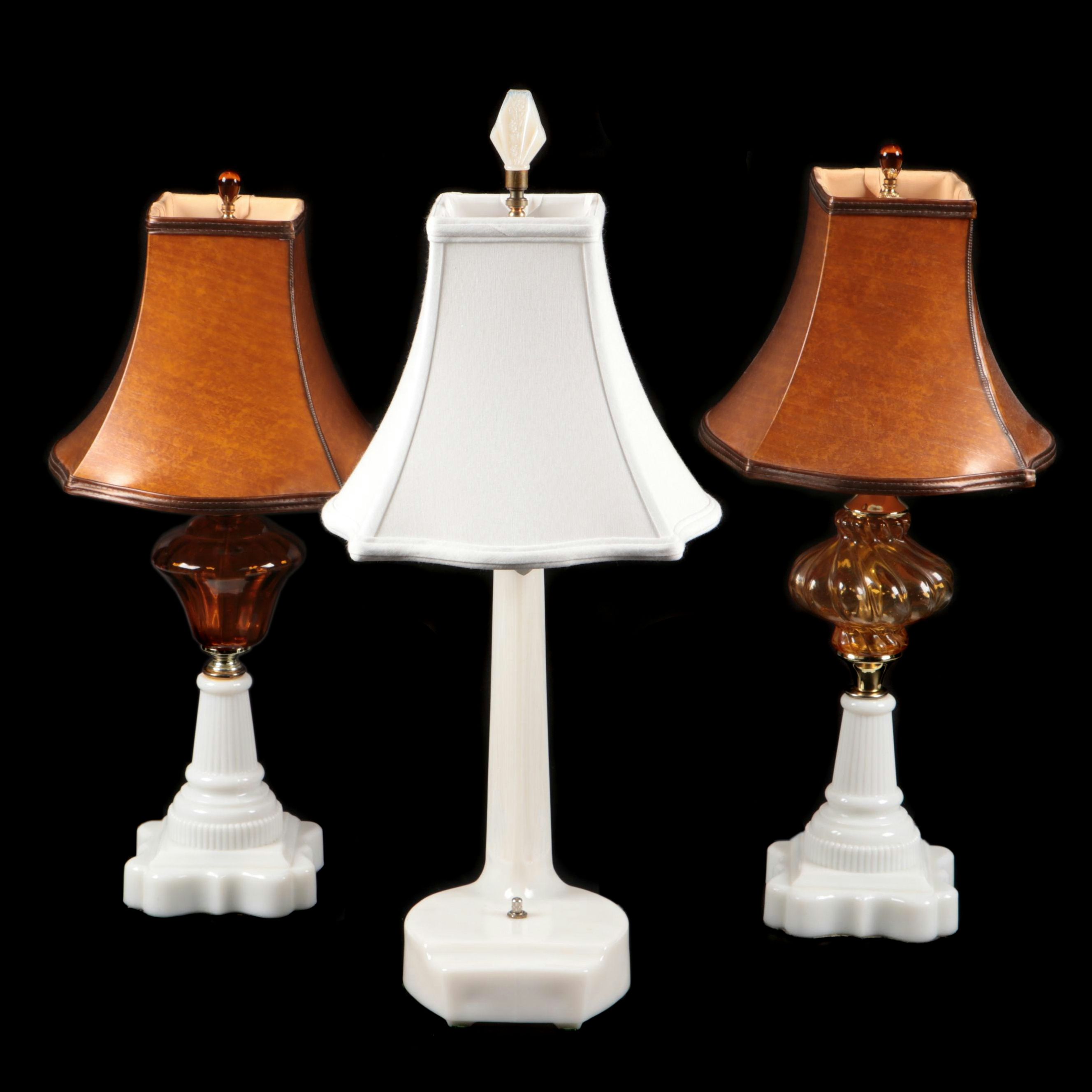 Mid-Century Aladdin Glass Desk Lamp, Milk Glass and Amber Glass Table Lamps