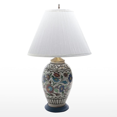 Hand-Painted Persian Ceramic Vase Table Lamp with Shirred Shade