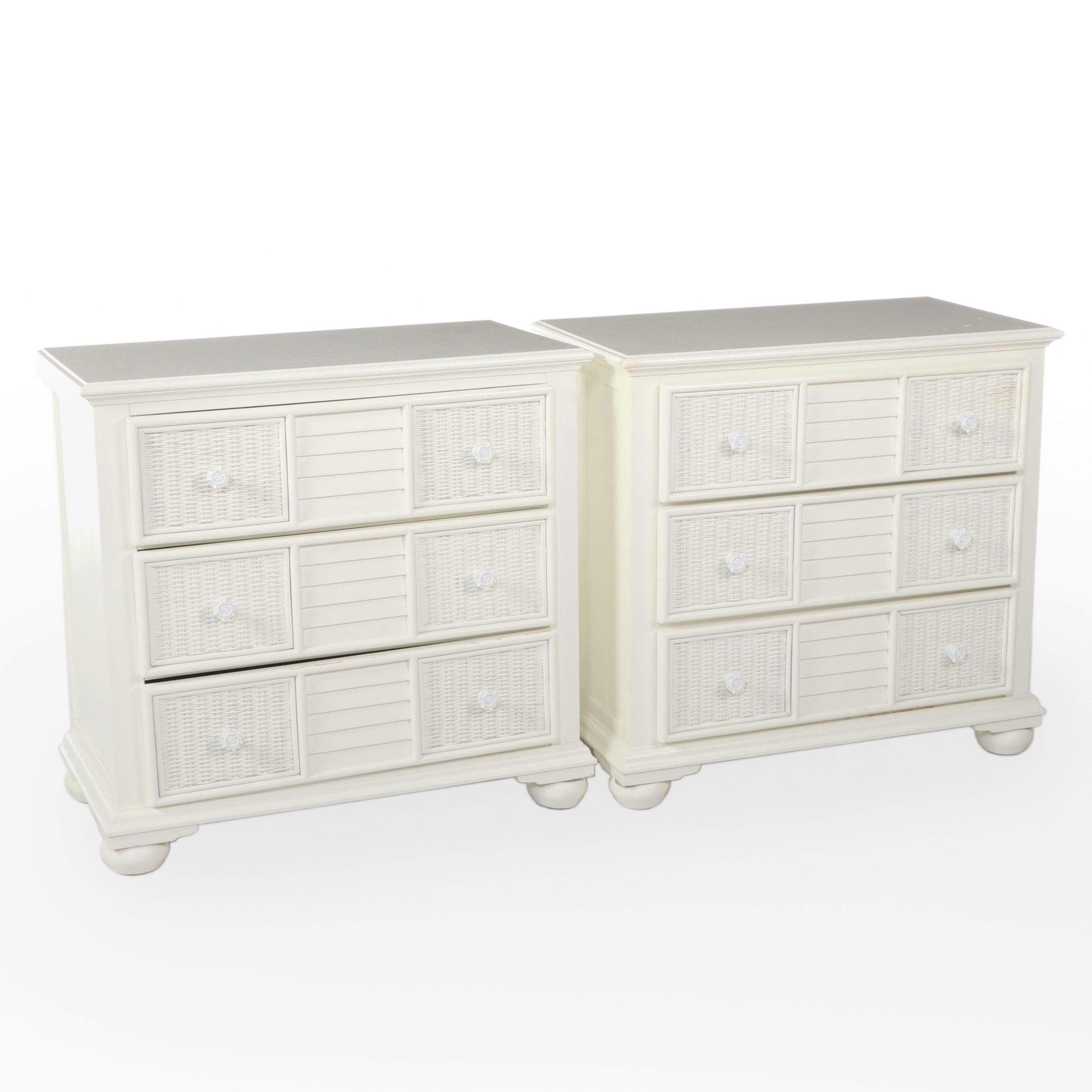 Pair of Pelican Reef White-Painted Wood and Wicker Chests