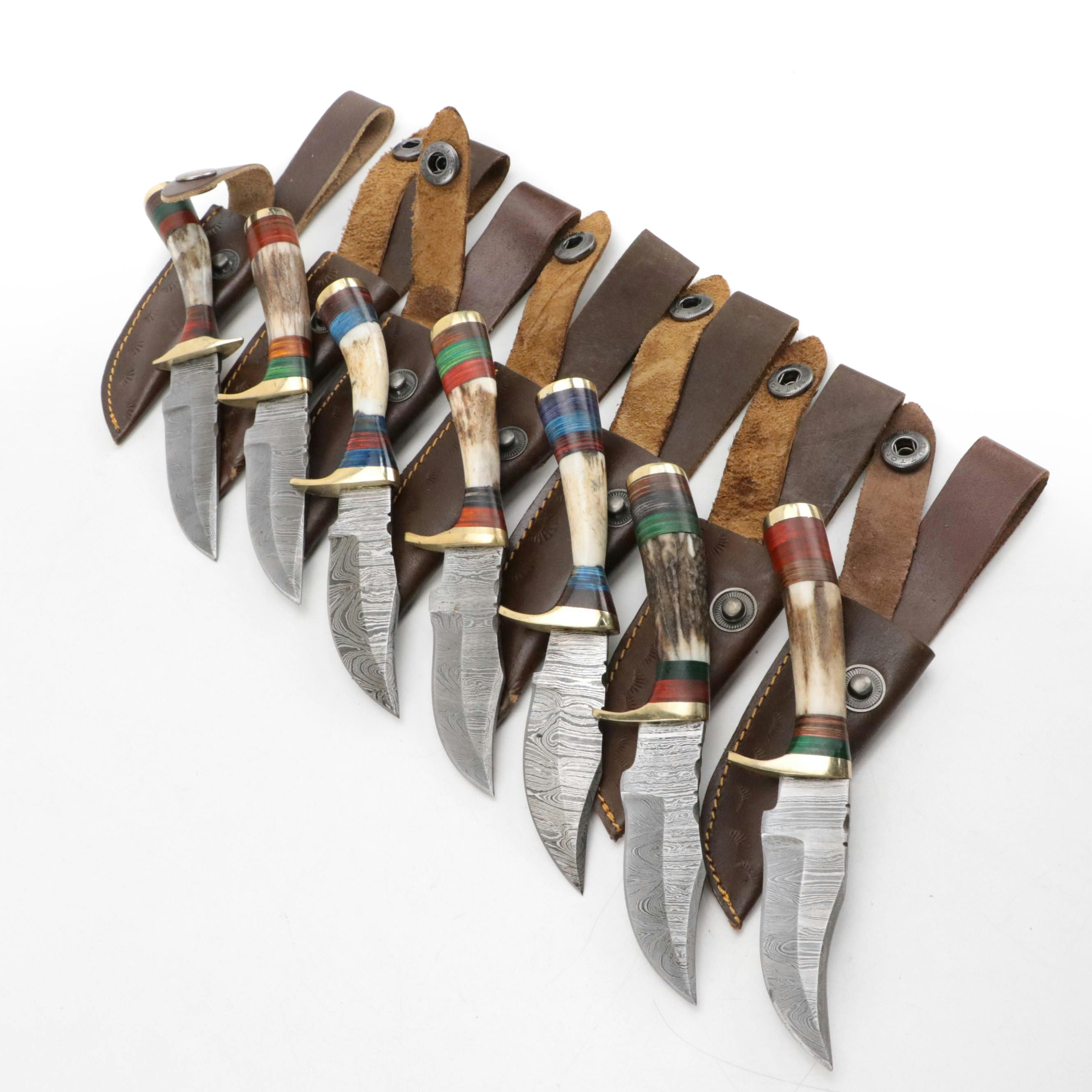 Horn-Handled Damascus Steel Fixed Blade Knives with Leather Sheaths