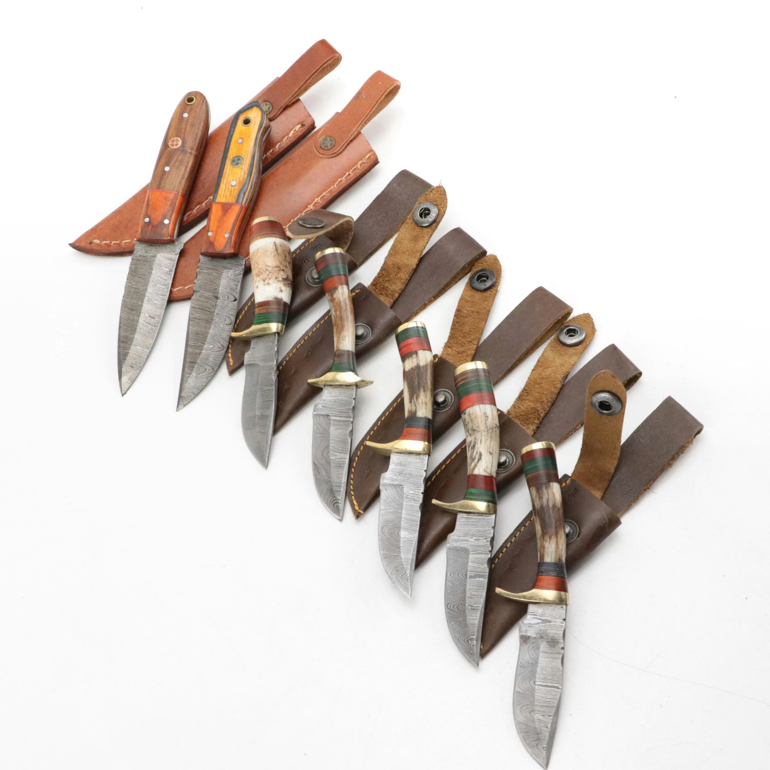 Damascus Steel Survival Knives with Leather Sheaths, Contemporary