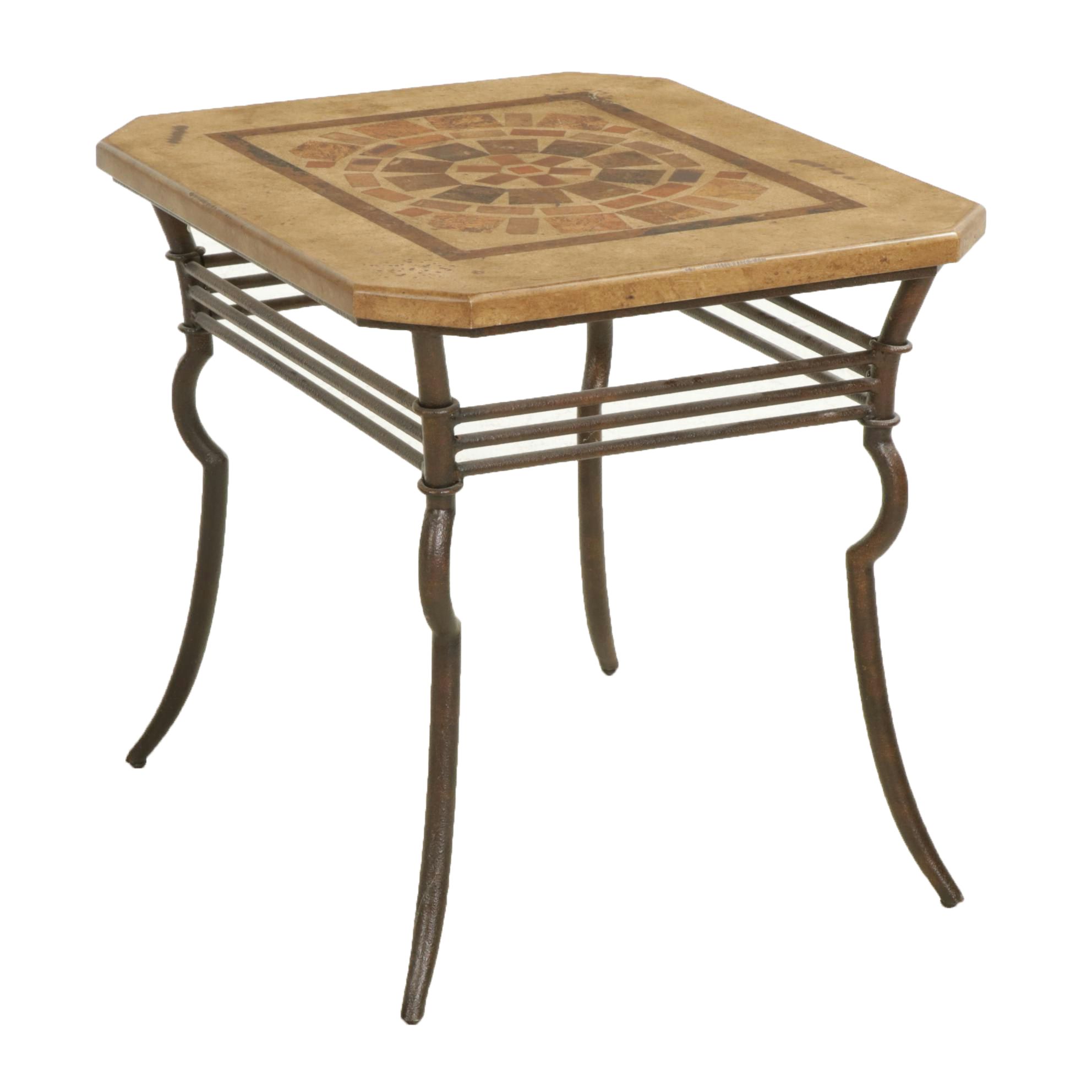 Rustic Metal Side Table with Inlaid Stone Top