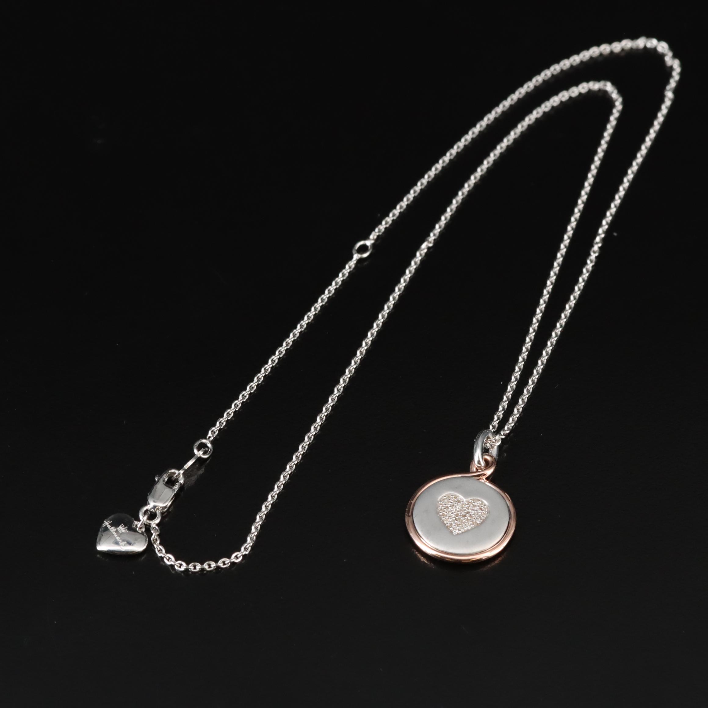 Hallmark Sterling Pavé Diamond Heart Pendant Necklace with 10K Rose Gold Accent