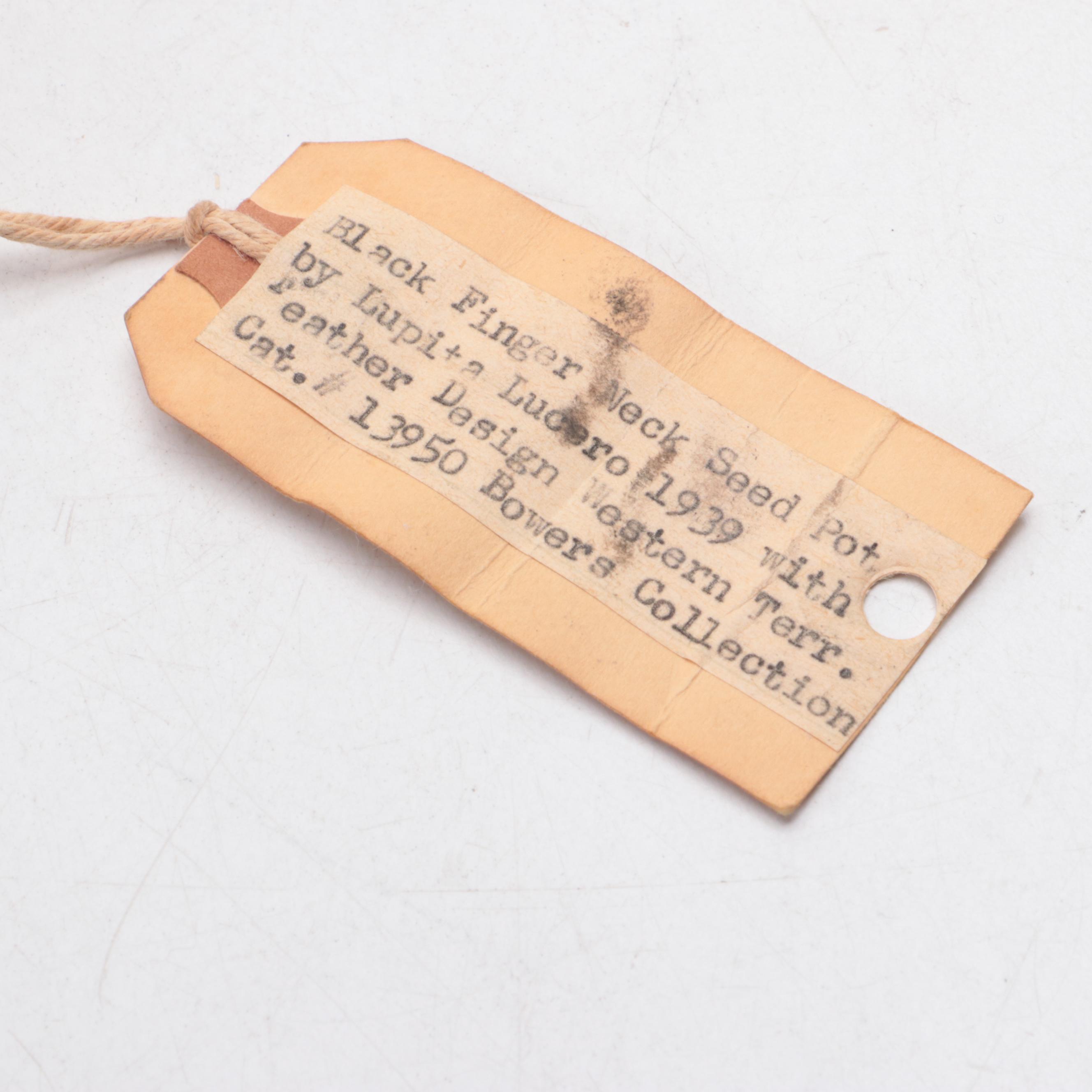 Lupita Lucero Mata Ortiz Black Feather Design Finger Neck Seed Pot