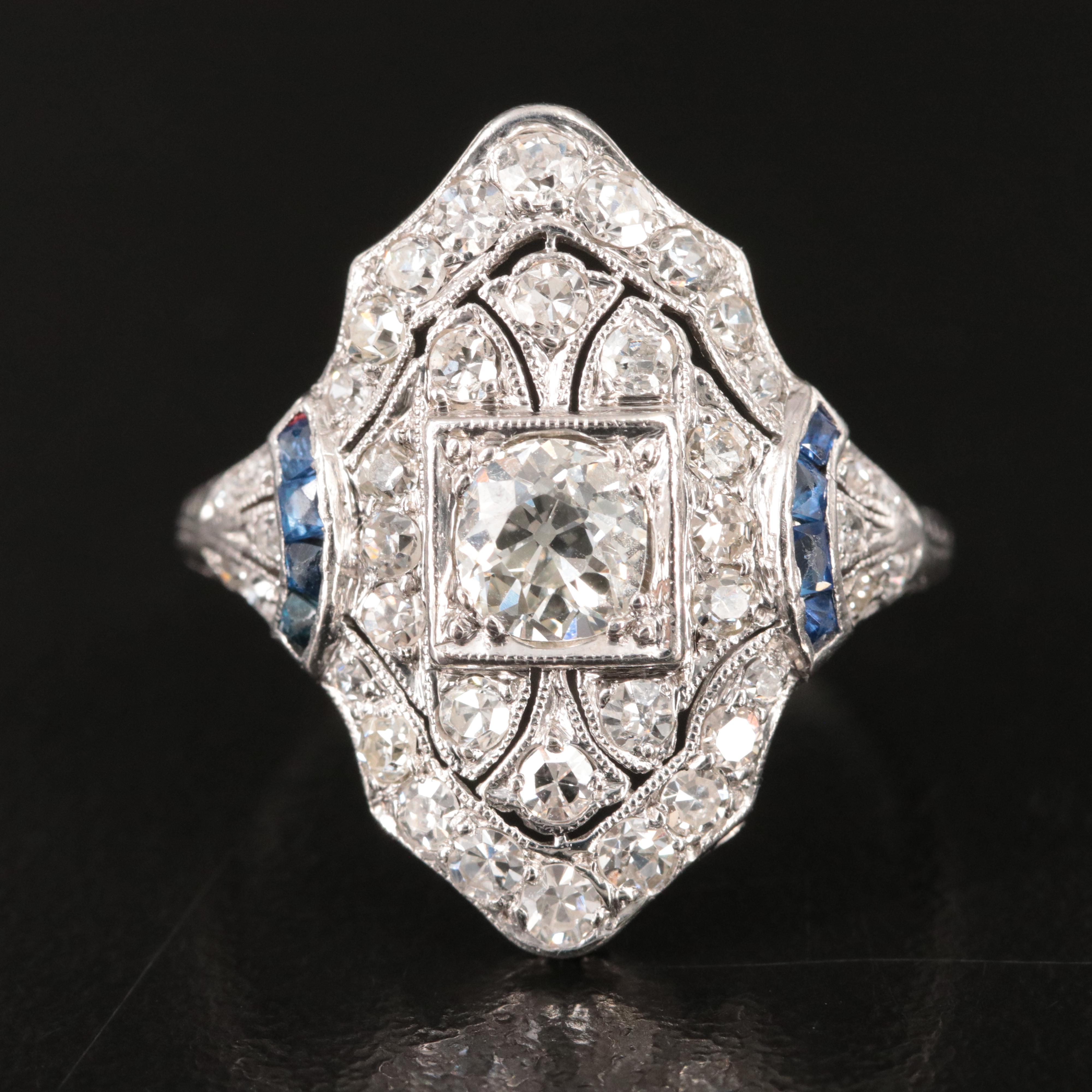 Art Deco Platinum 1.55 CTW Diamond and Sapphire Ring