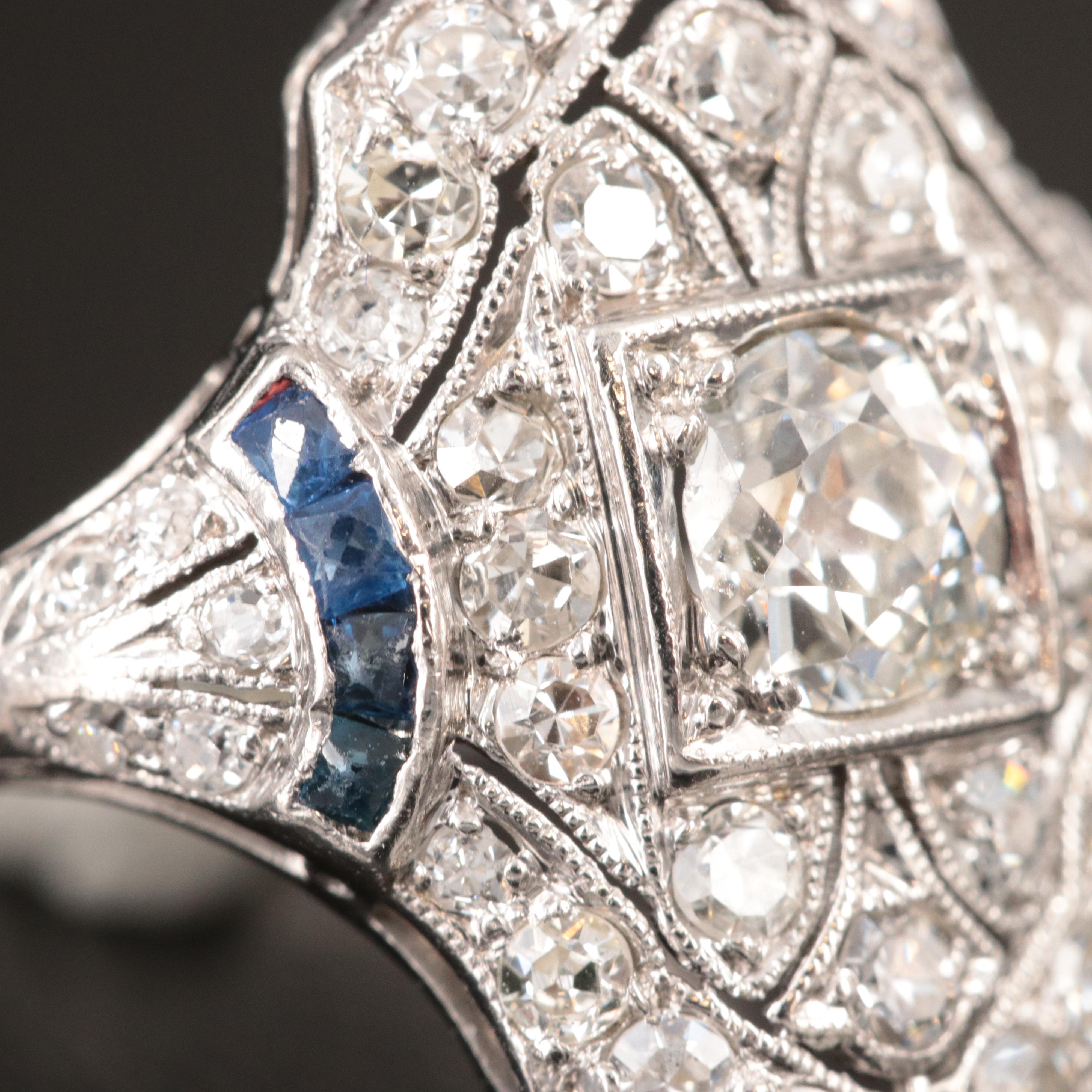 Art Deco Platinum 1.55 CTW Diamond and Sapphire Ring
