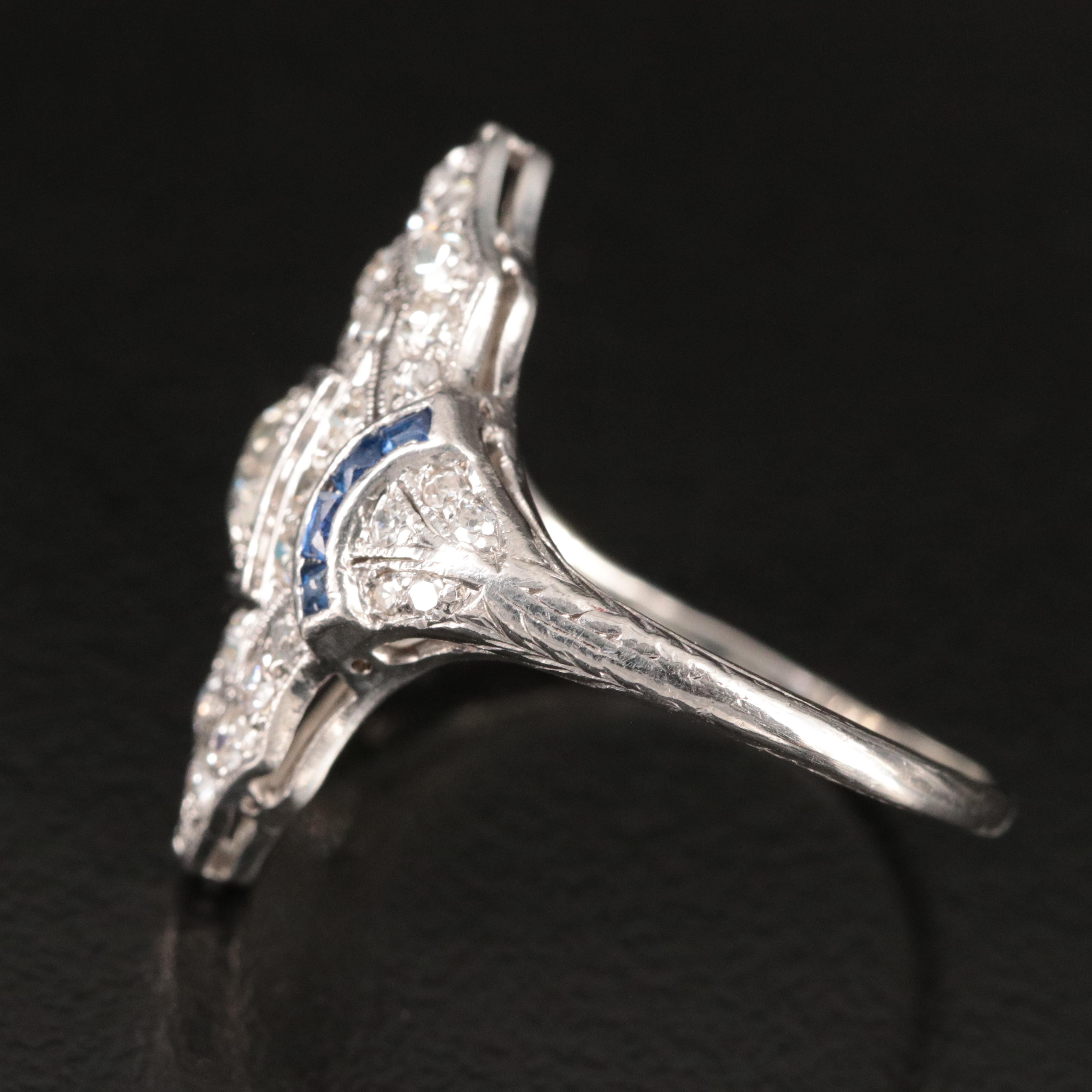 Art Deco Platinum 1.55 CTW Diamond and Sapphire Ring