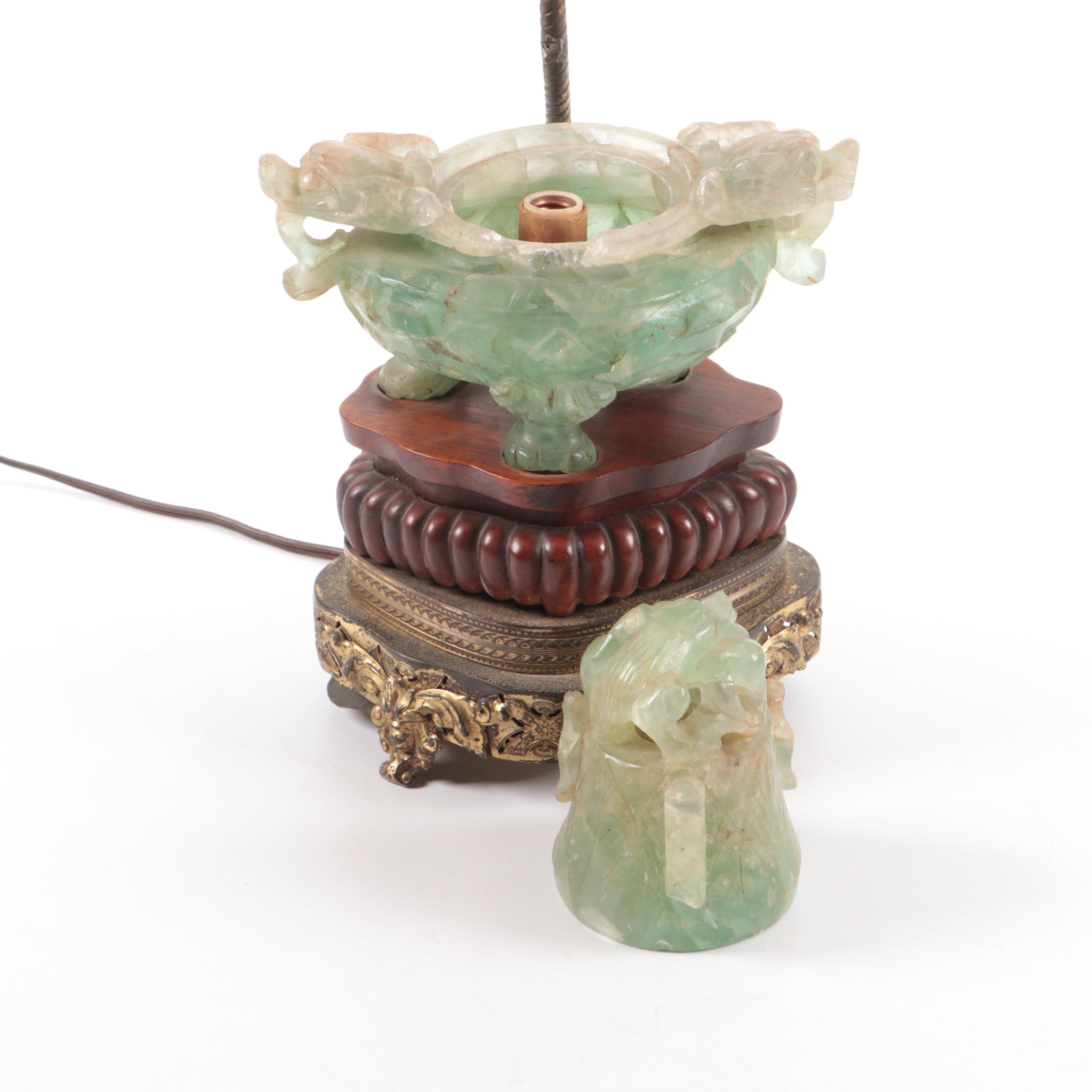 Chinese Hand-Carved Fluorite Censer and Wood Table, Mid-20th Century