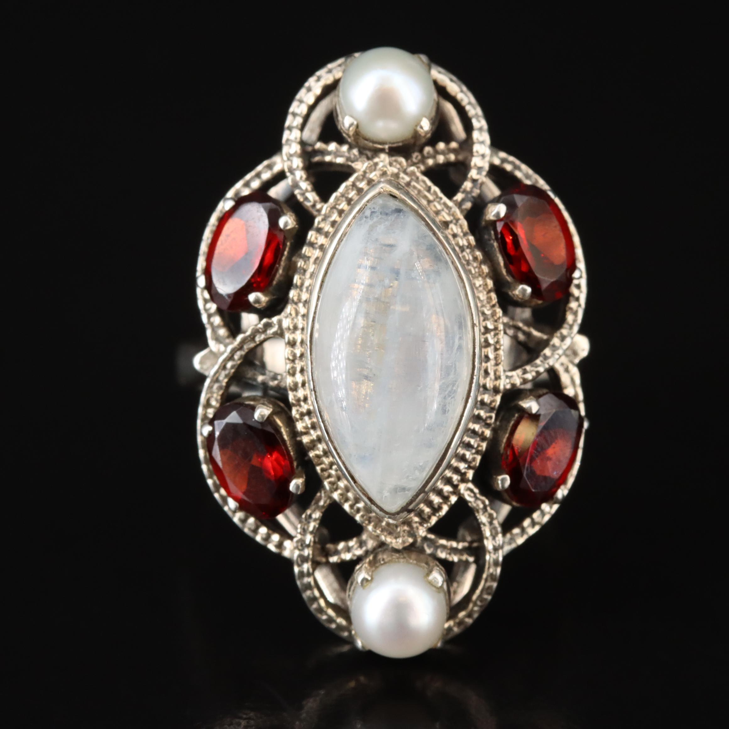 Nicky Butler Sterling Rainbow Moonstone, Garnet and Pearl Ring