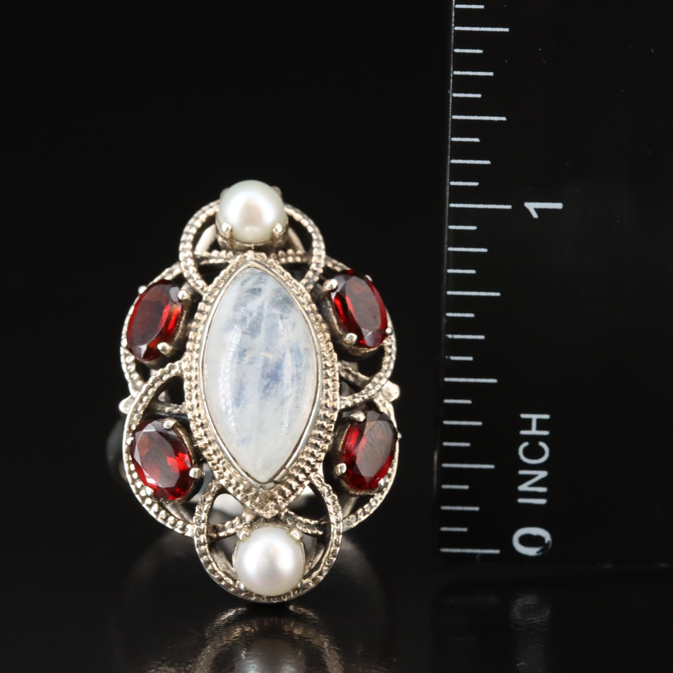 Nicky Butler Sterling Rainbow Moonstone, Garnet and Pearl Ring