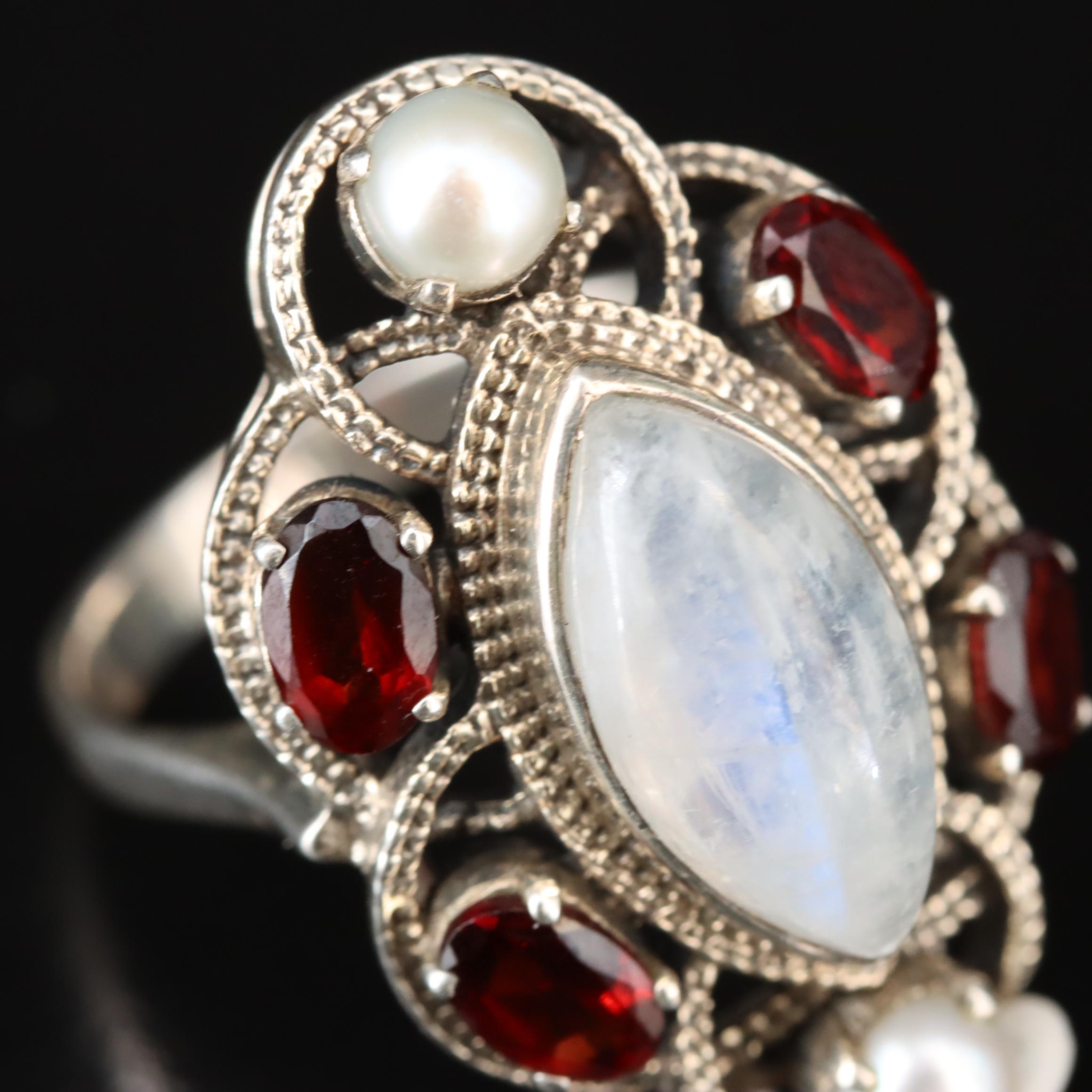Nicky Butler Sterling Rainbow Moonstone, Garnet and Pearl Ring