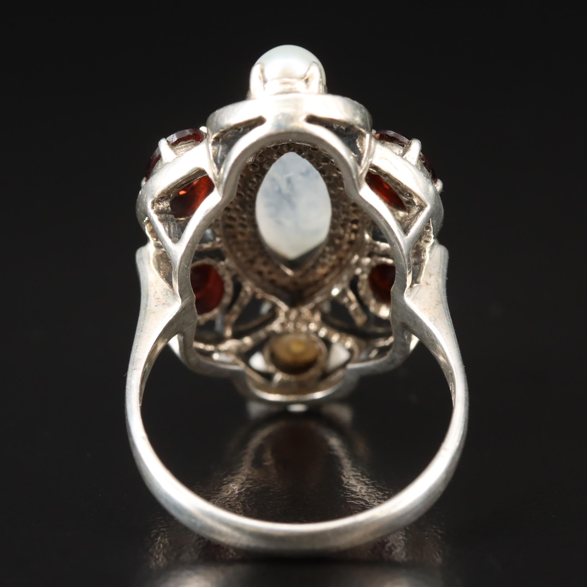 Nicky Butler Sterling Rainbow Moonstone, Garnet and Pearl Ring