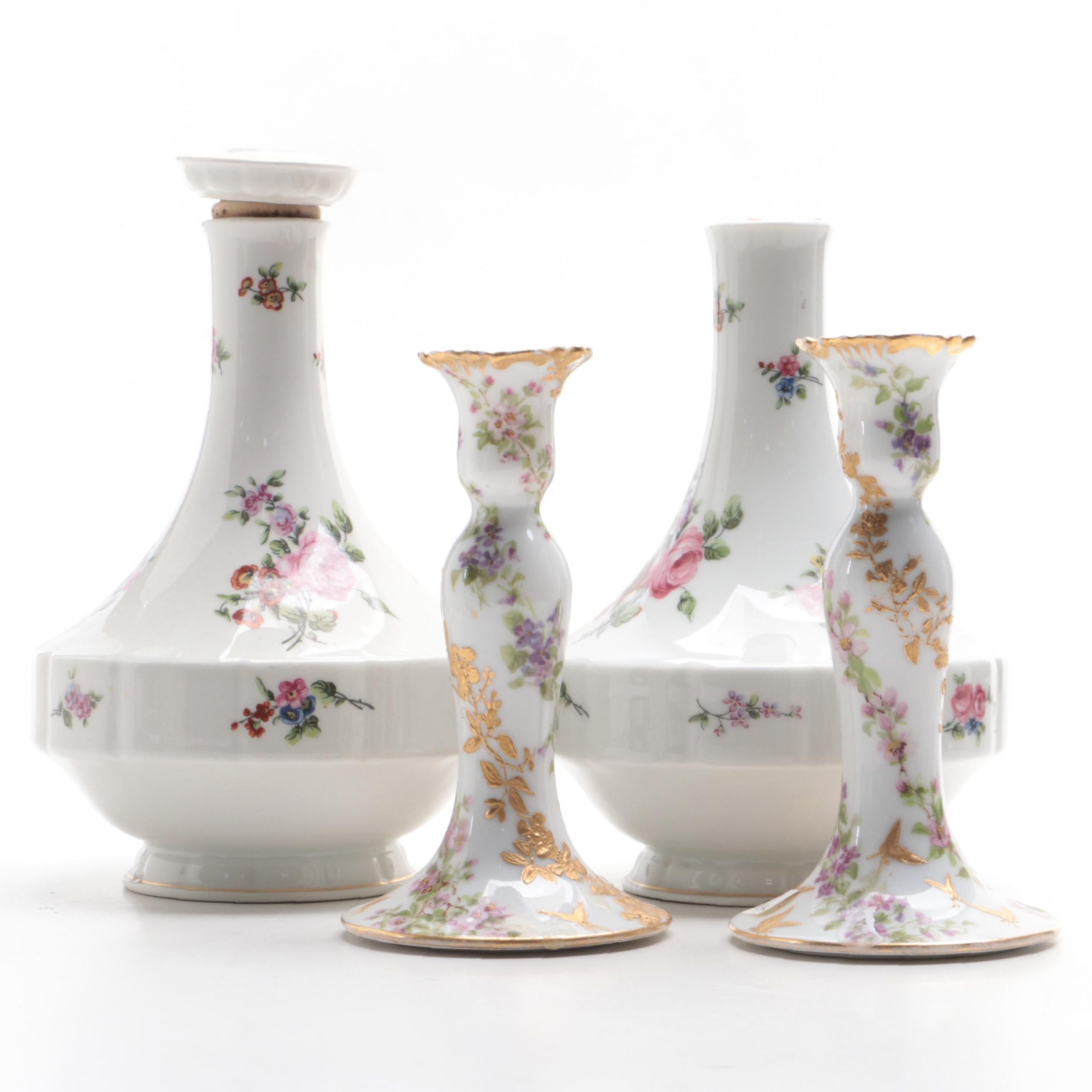 Haviland Limoges Porcelain "Chantilly" Decanters and Candlesticks