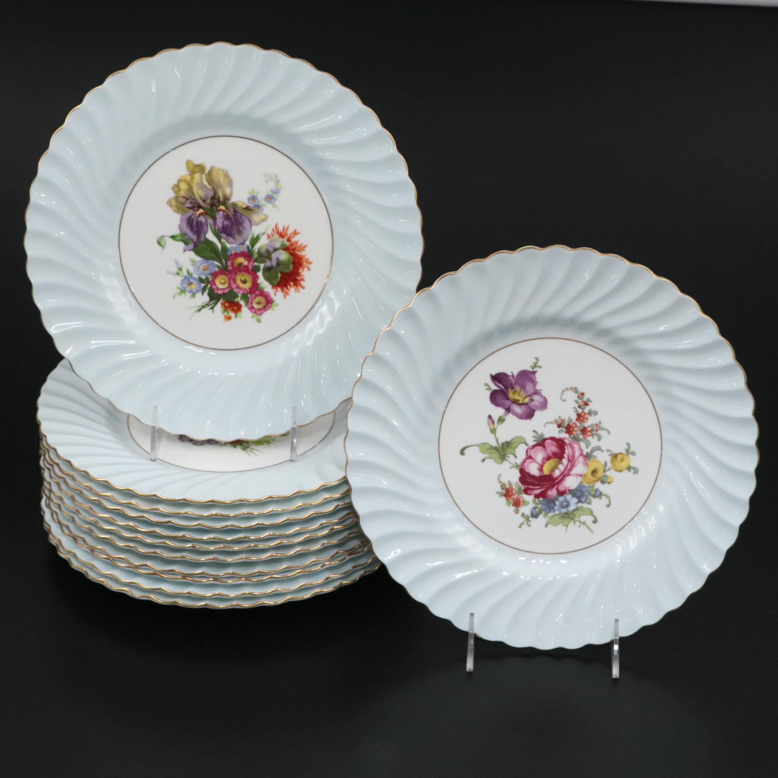 Minton Bone China Blue Swirl Rim Floral Pattern Dinner Plates, 1912-1950