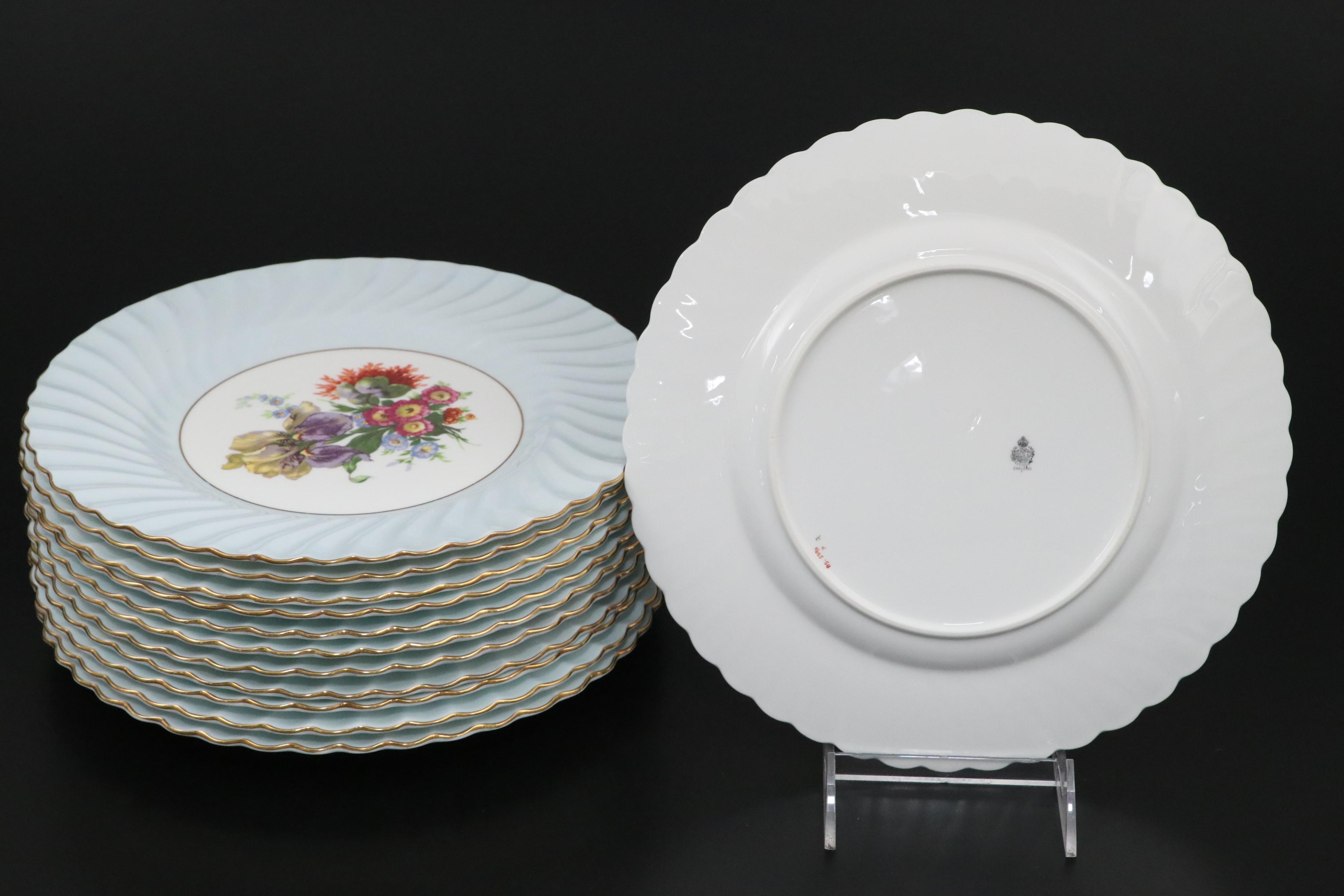 Minton Bone China Blue Swirl Rim Floral Pattern Dinner Plates, 1912-1950