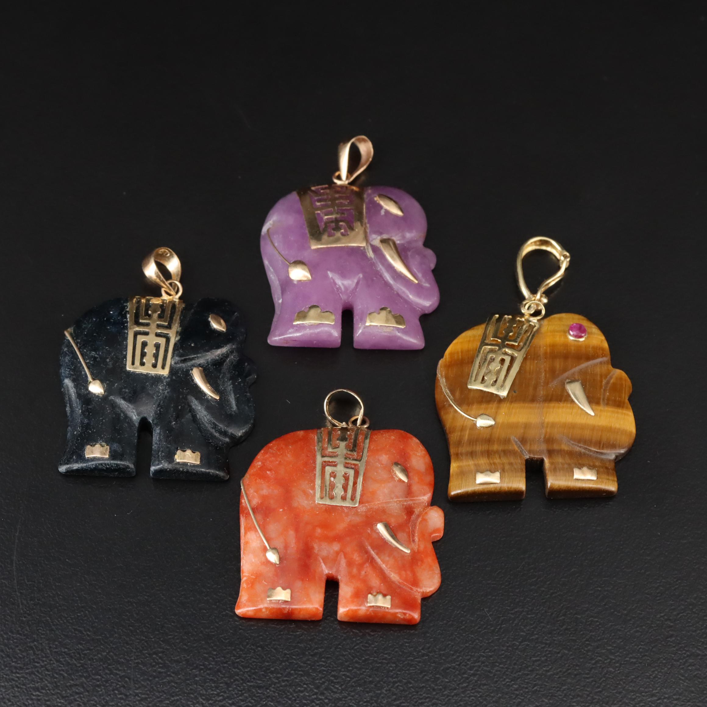 10K & 14K Carved Elephant "Good Luck" Pendants Including Jadeite and Tiger's Eye