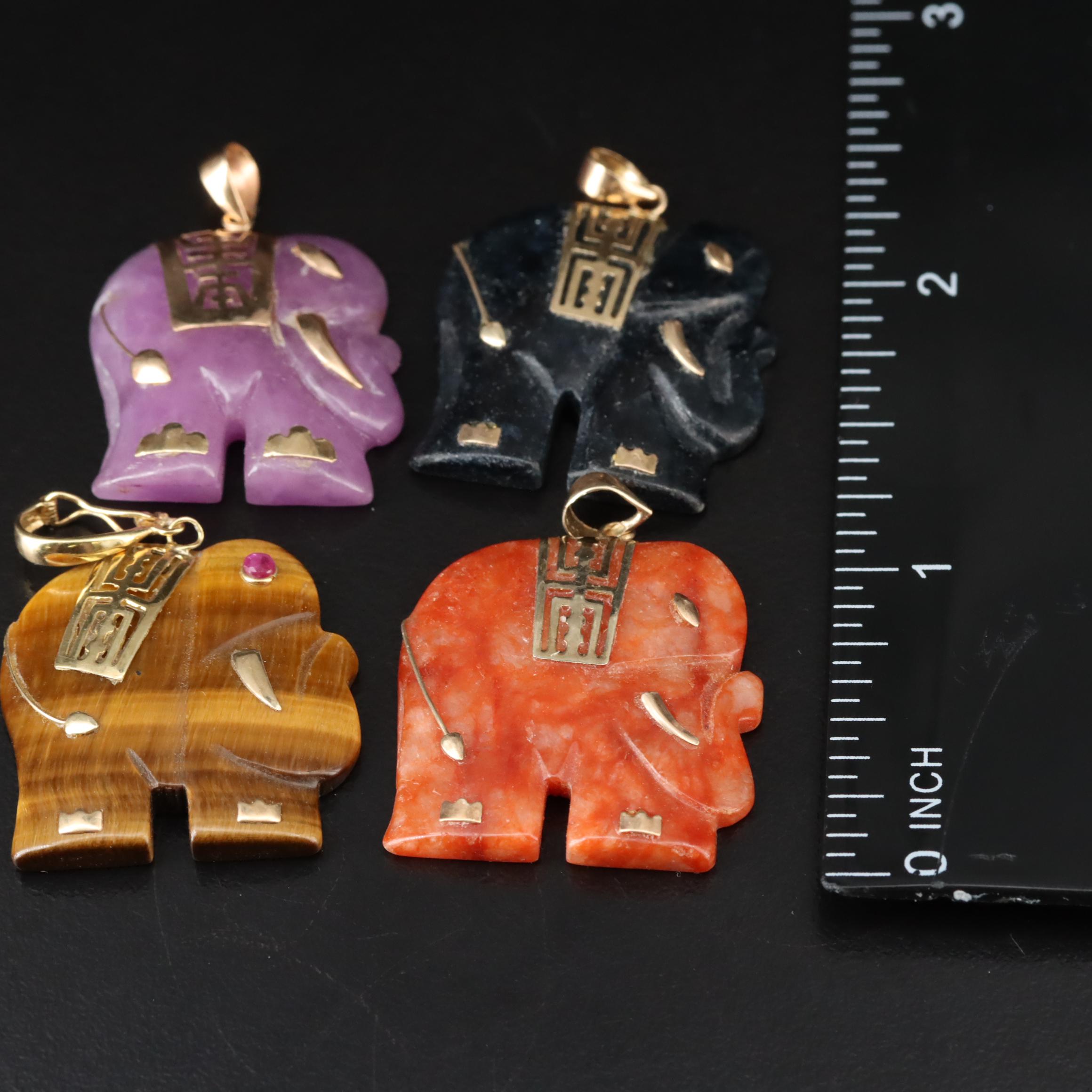 10K & 14K Carved Elephant "Good Luck" Pendants Including Jadeite and Tiger's Eye