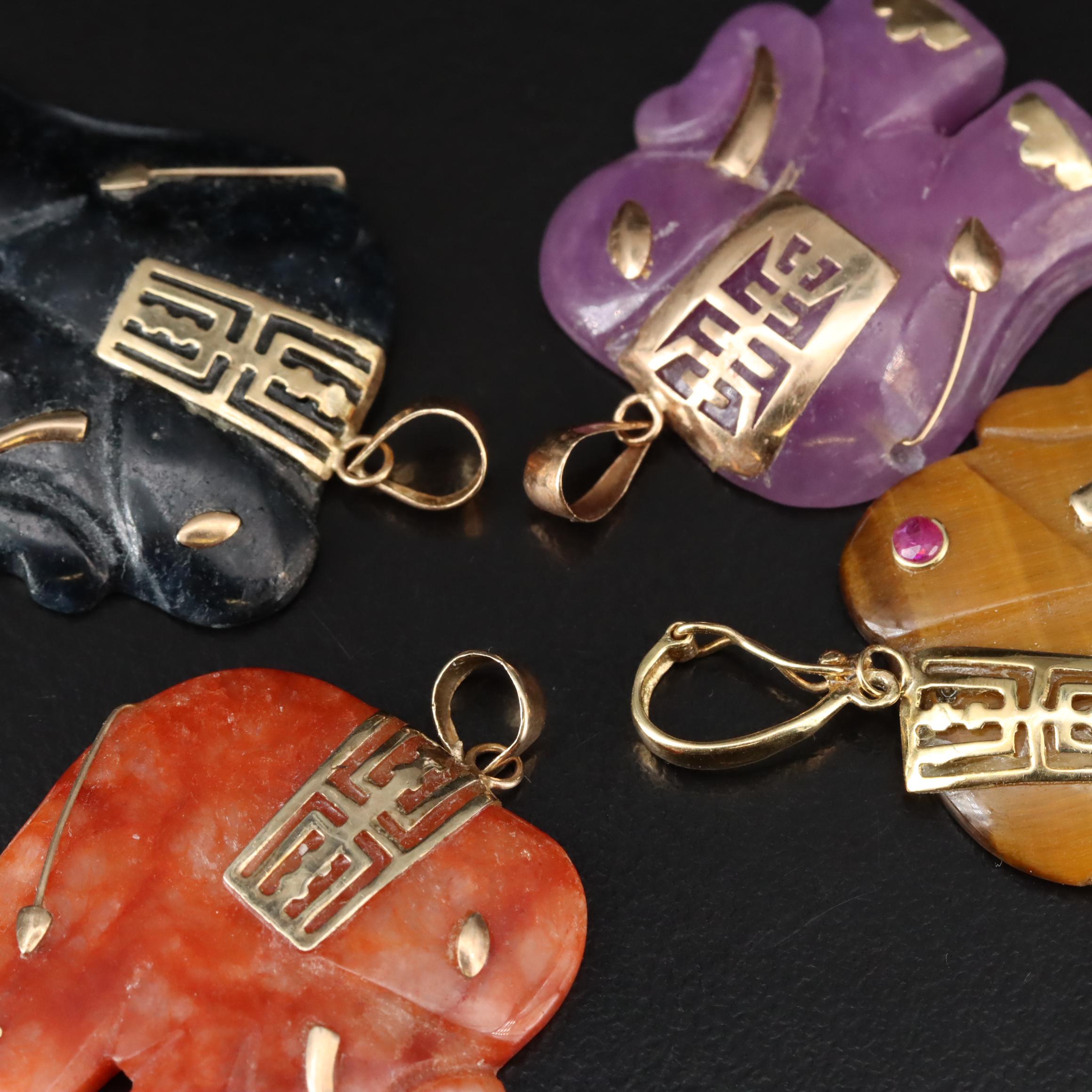 10K & 14K Carved Elephant "Good Luck" Pendants Including Jadeite and Tiger's Eye