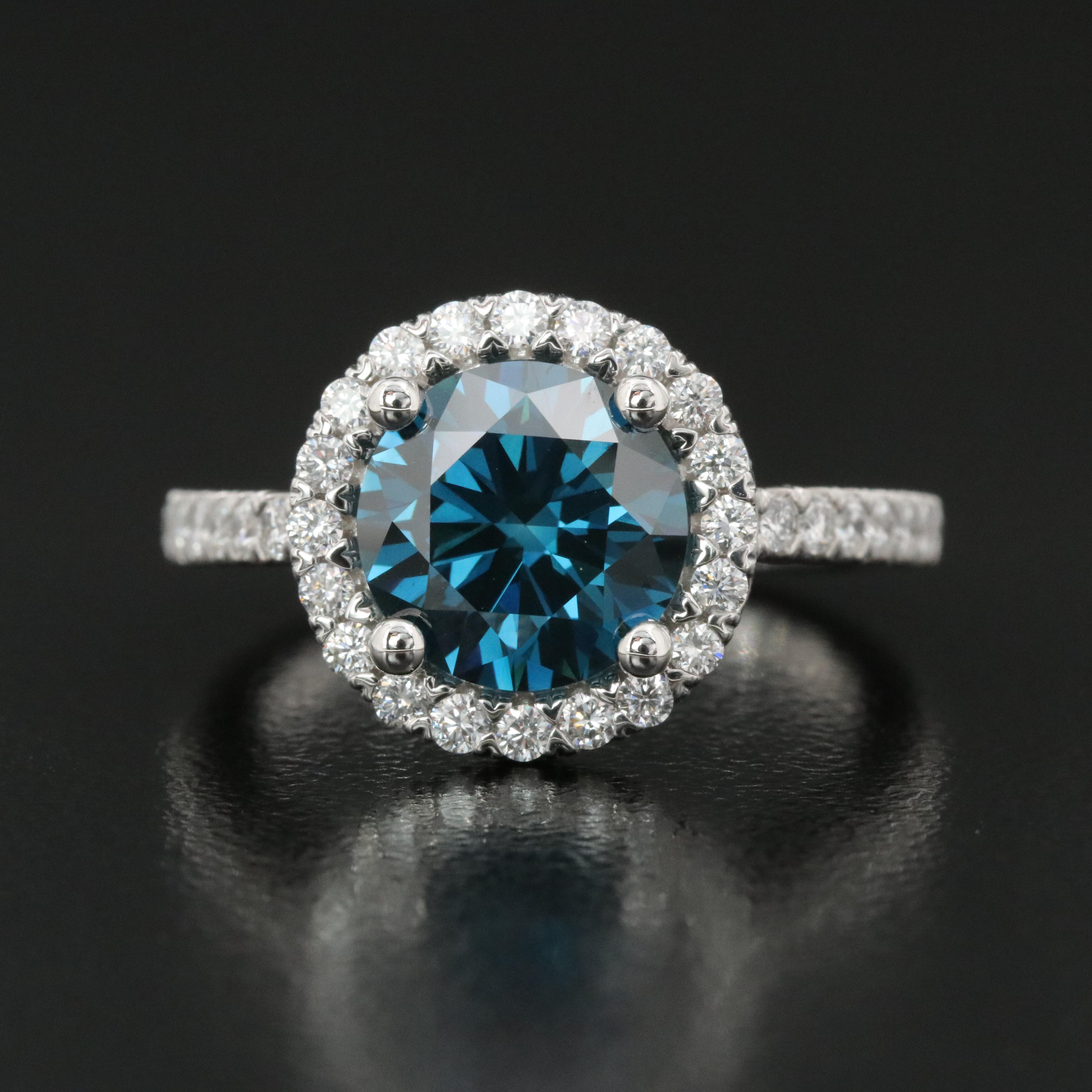 14K 3.00 CTW Lab Grown Diamond Halo Ring with Fancy Blue Center