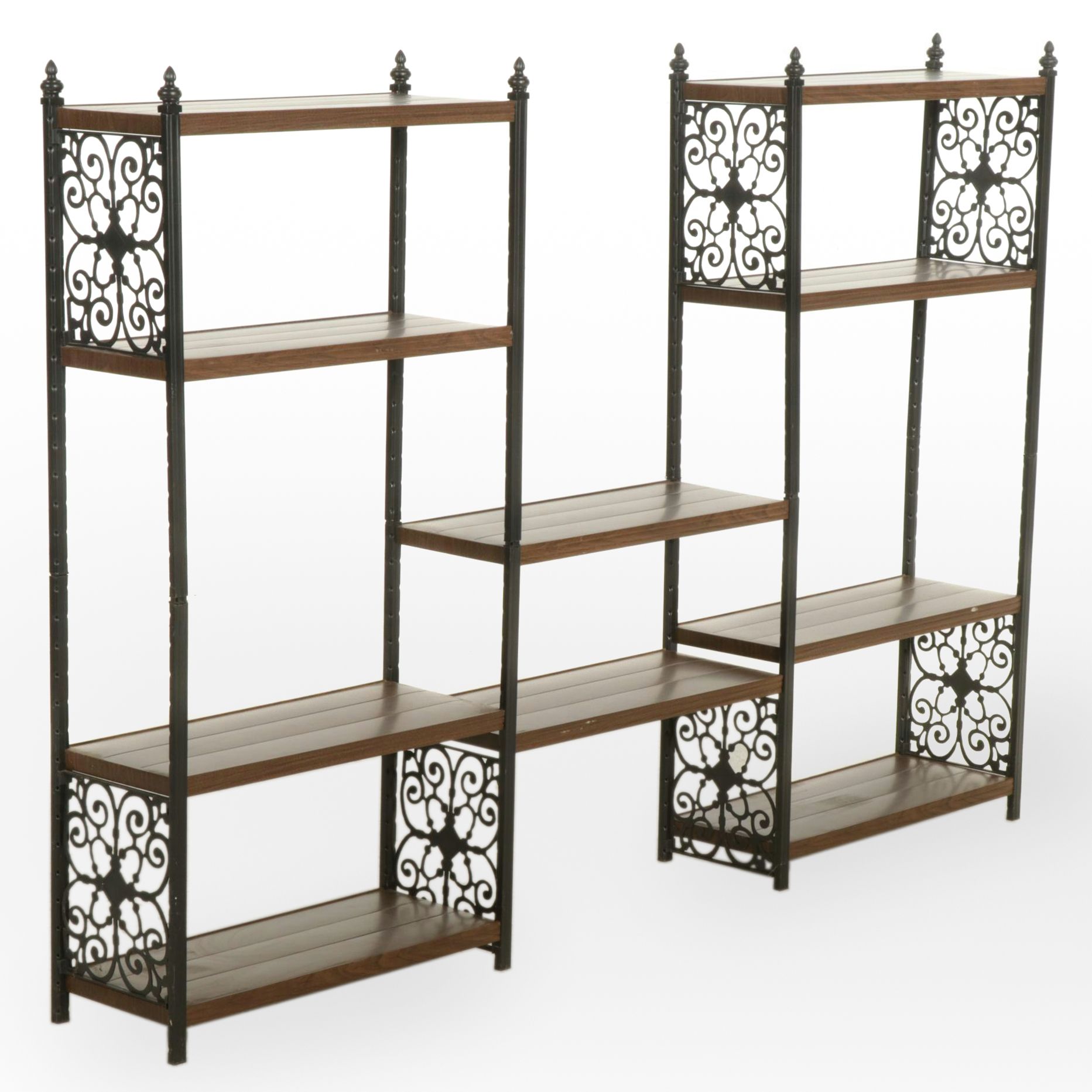 Walnut-Grained Metal Three-Part Display Shelf, Circa 1970