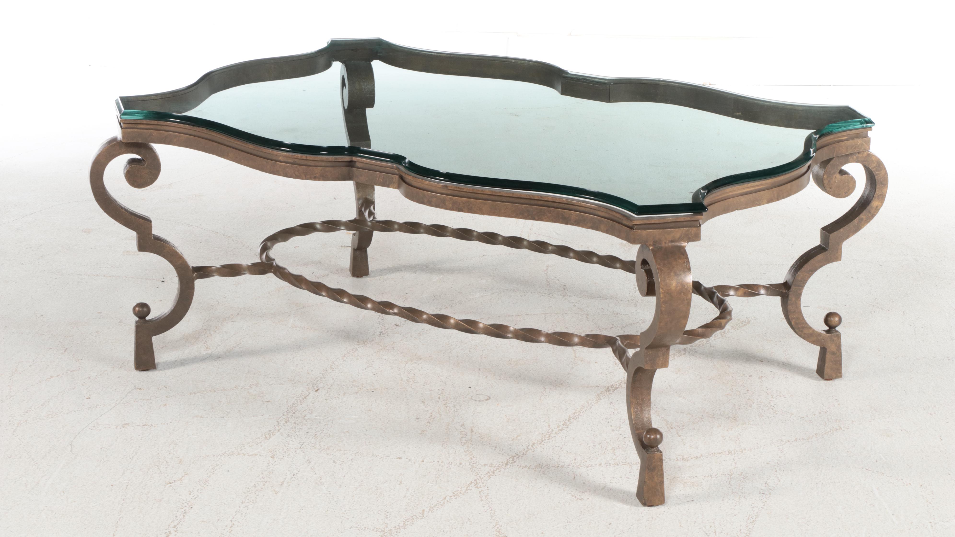 French Style Scrolled Wrought Iron Glass Top Coffee Table
