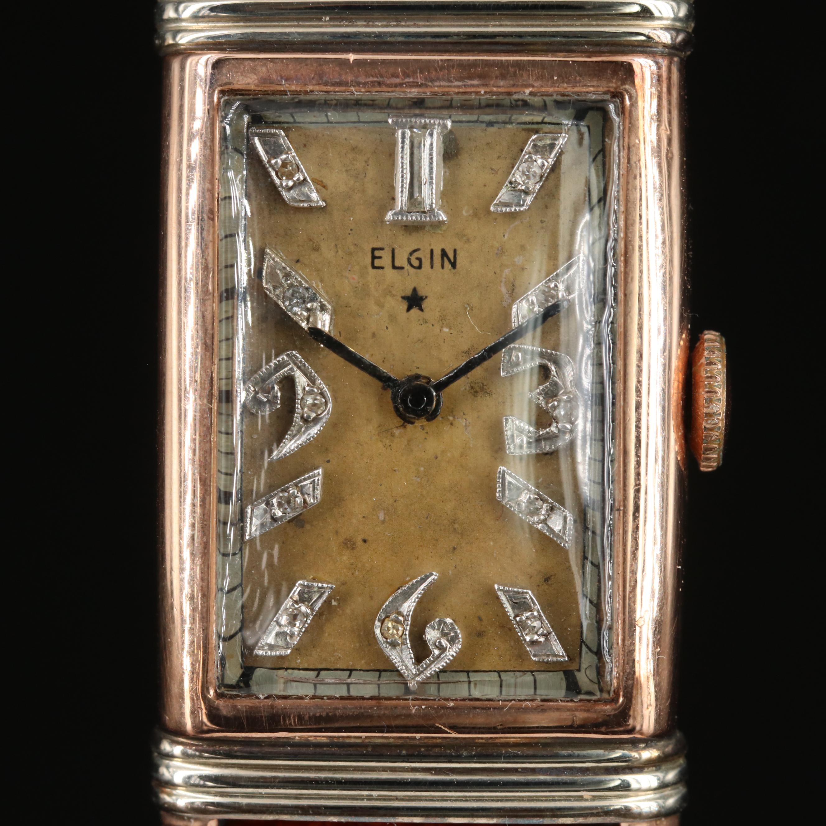 14K Elgin Diamond Dial, Two-Tone Tank Style Watch