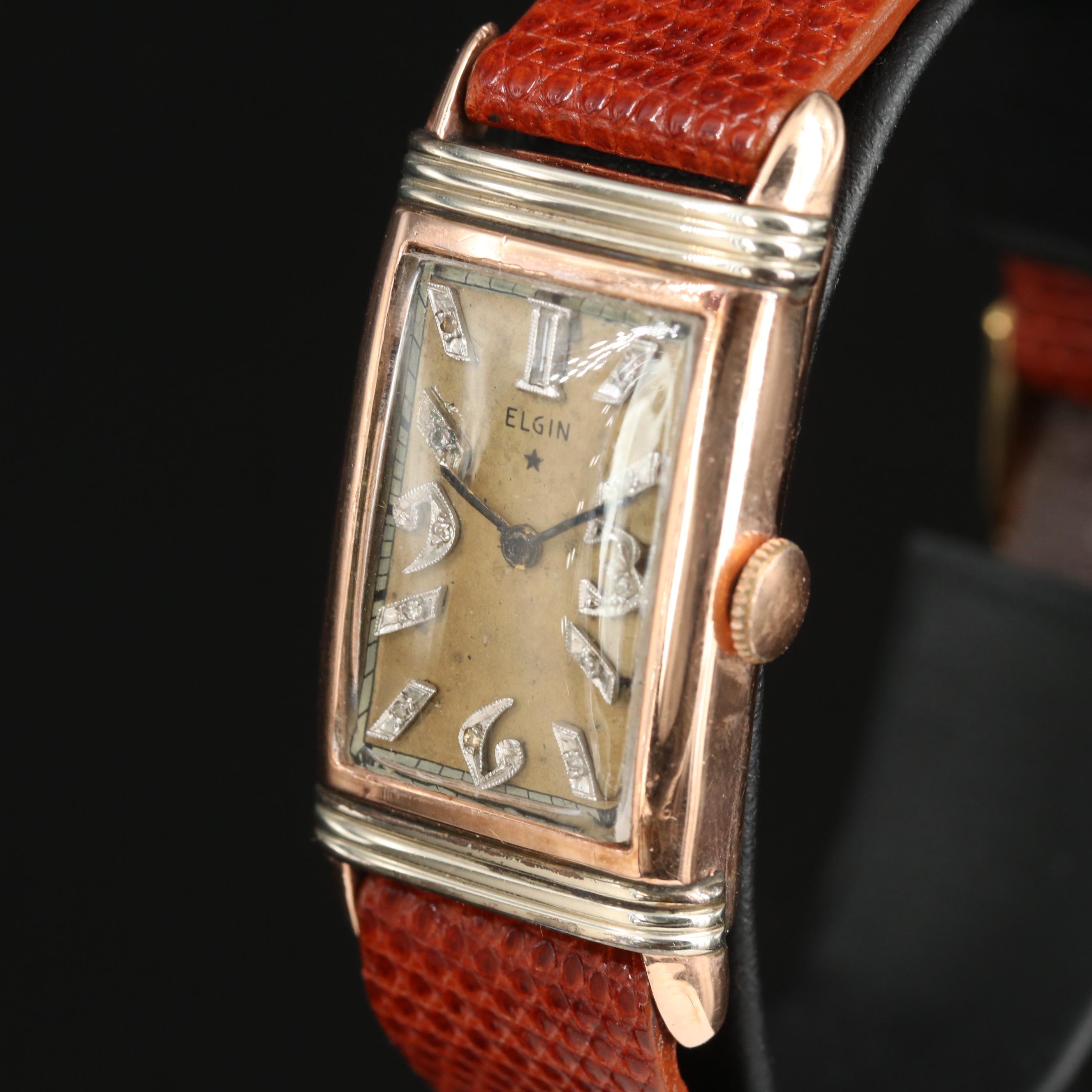 14K Elgin Diamond Dial, Two-Tone Tank Style Watch