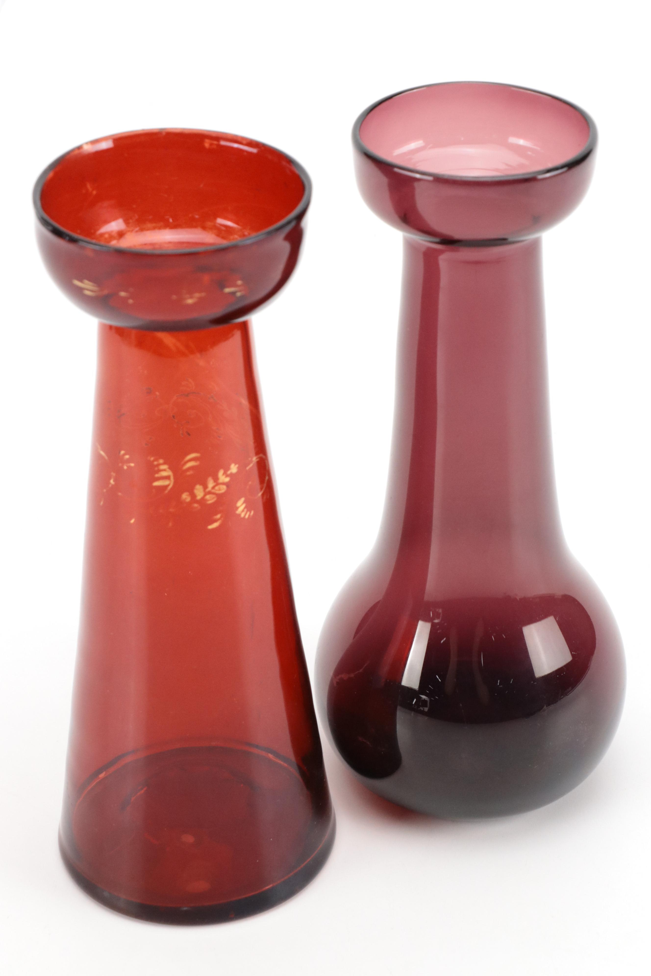 Blown Glass Purple Vase with Ruby Blown Glass Candle Stand, Vintage