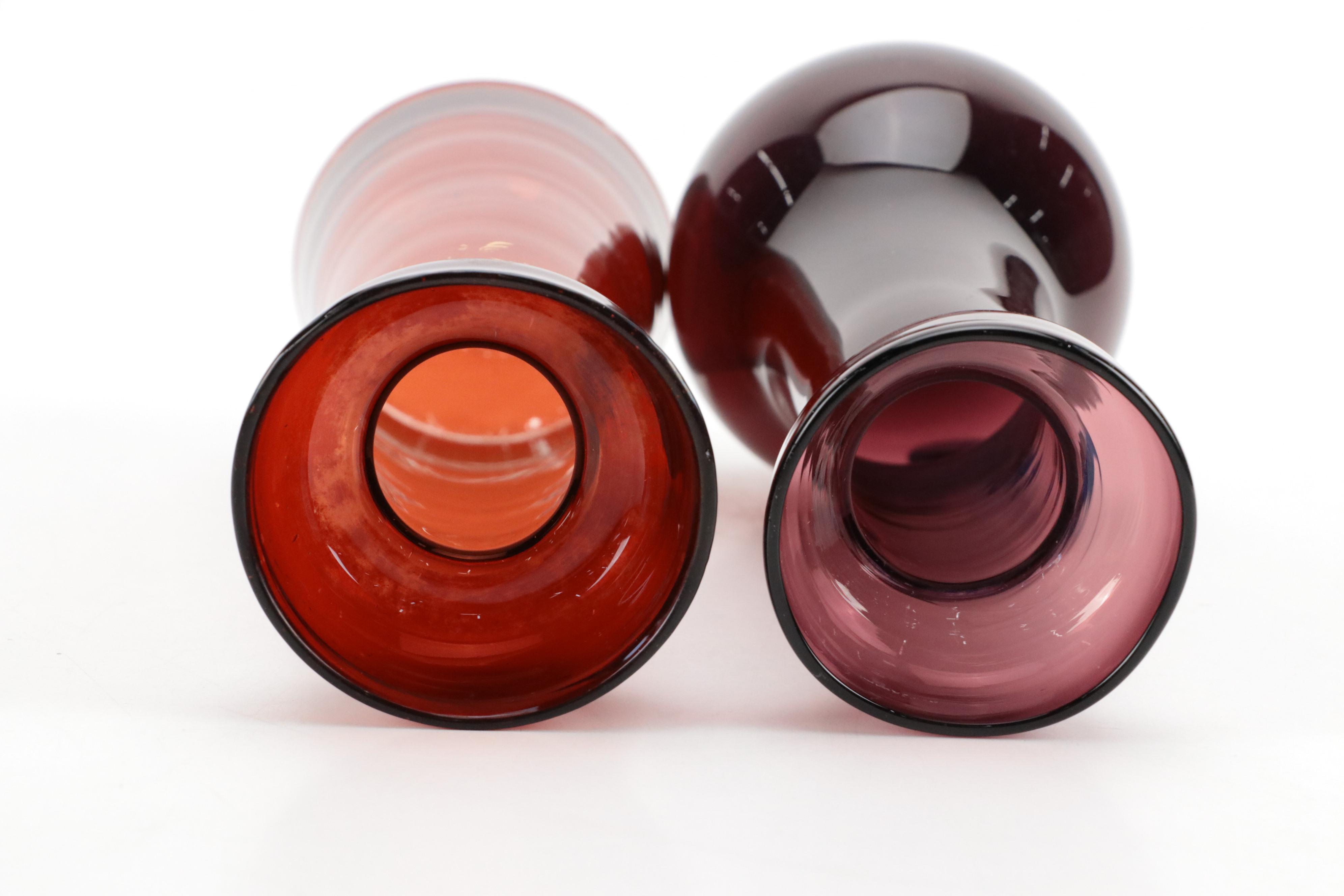 Blown Glass Purple Vase with Ruby Blown Glass Candle Stand, Vintage