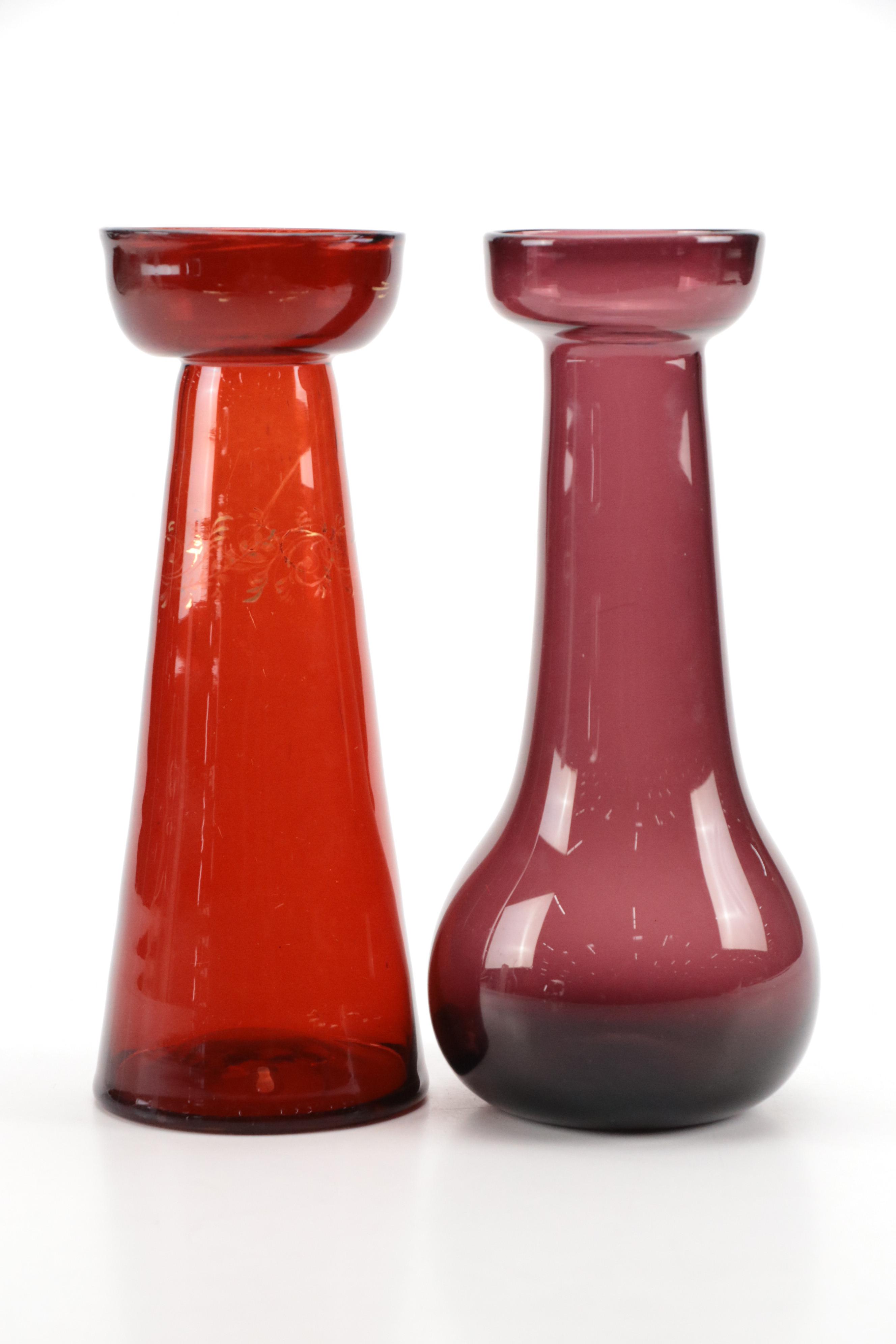 Blown Glass Purple Vase with Ruby Blown Glass Candle Stand, Vintage