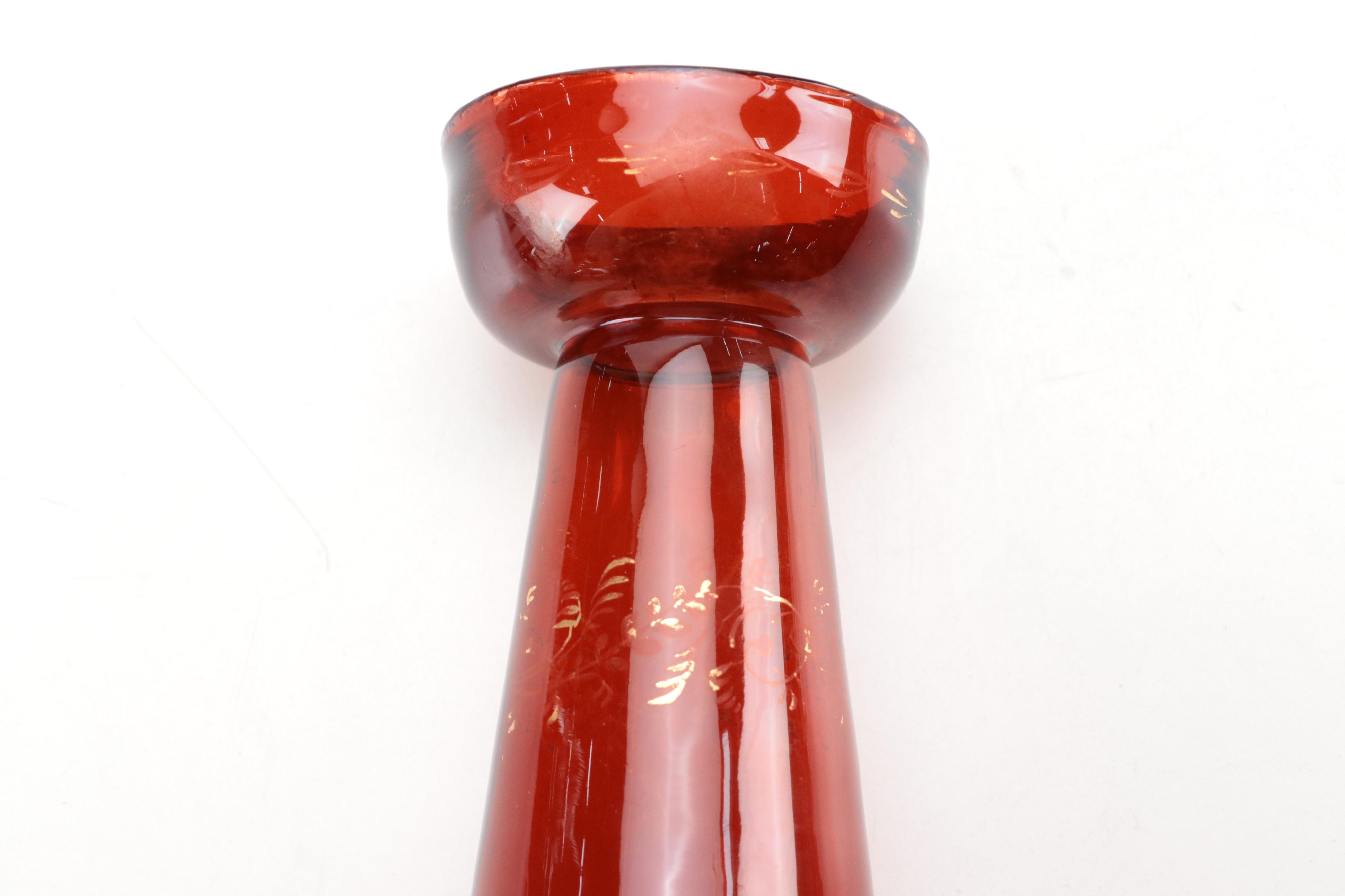 Blown Glass Purple Vase with Ruby Blown Glass Candle Stand, Vintage