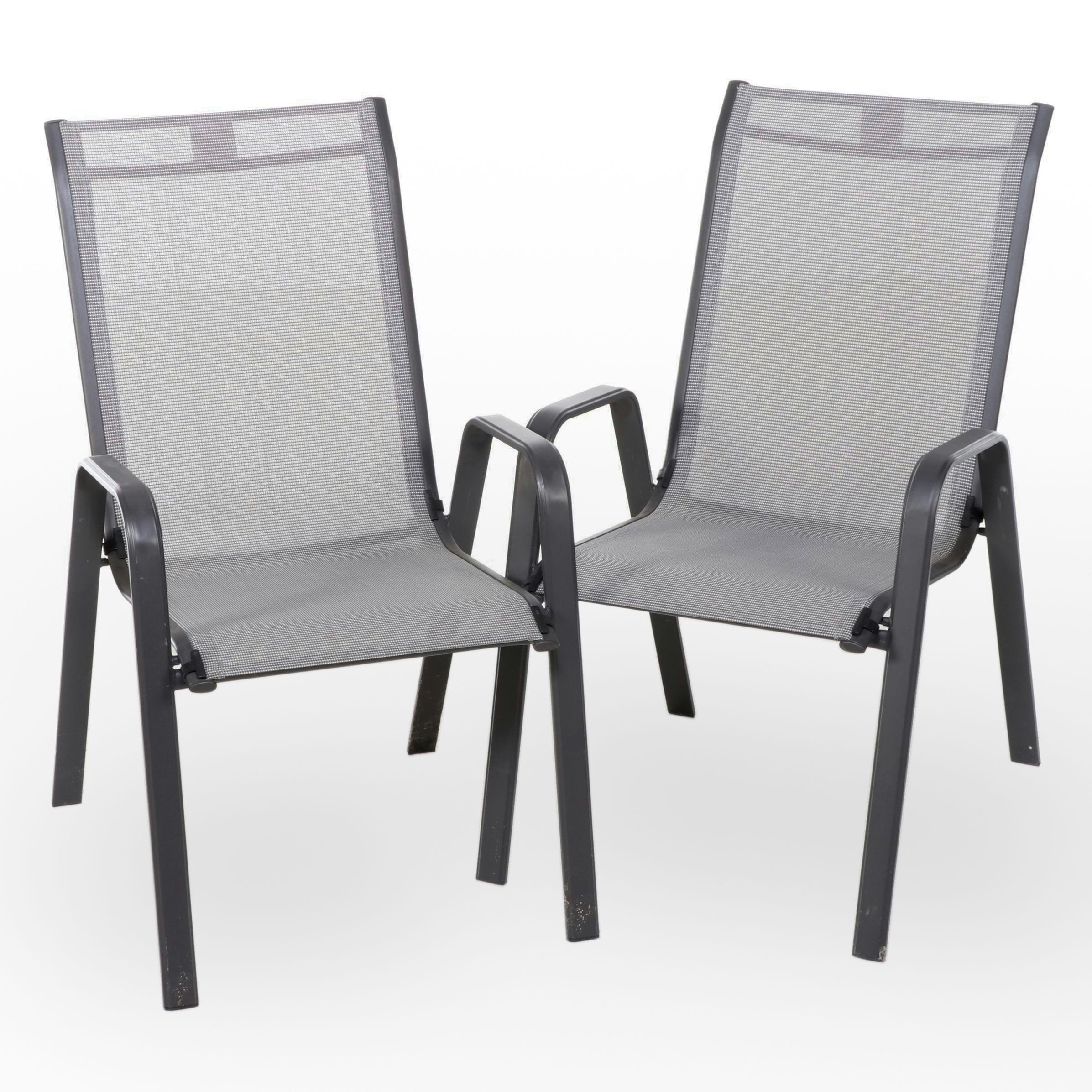 Two Cast Aluminum and Mesh Patio Chairs