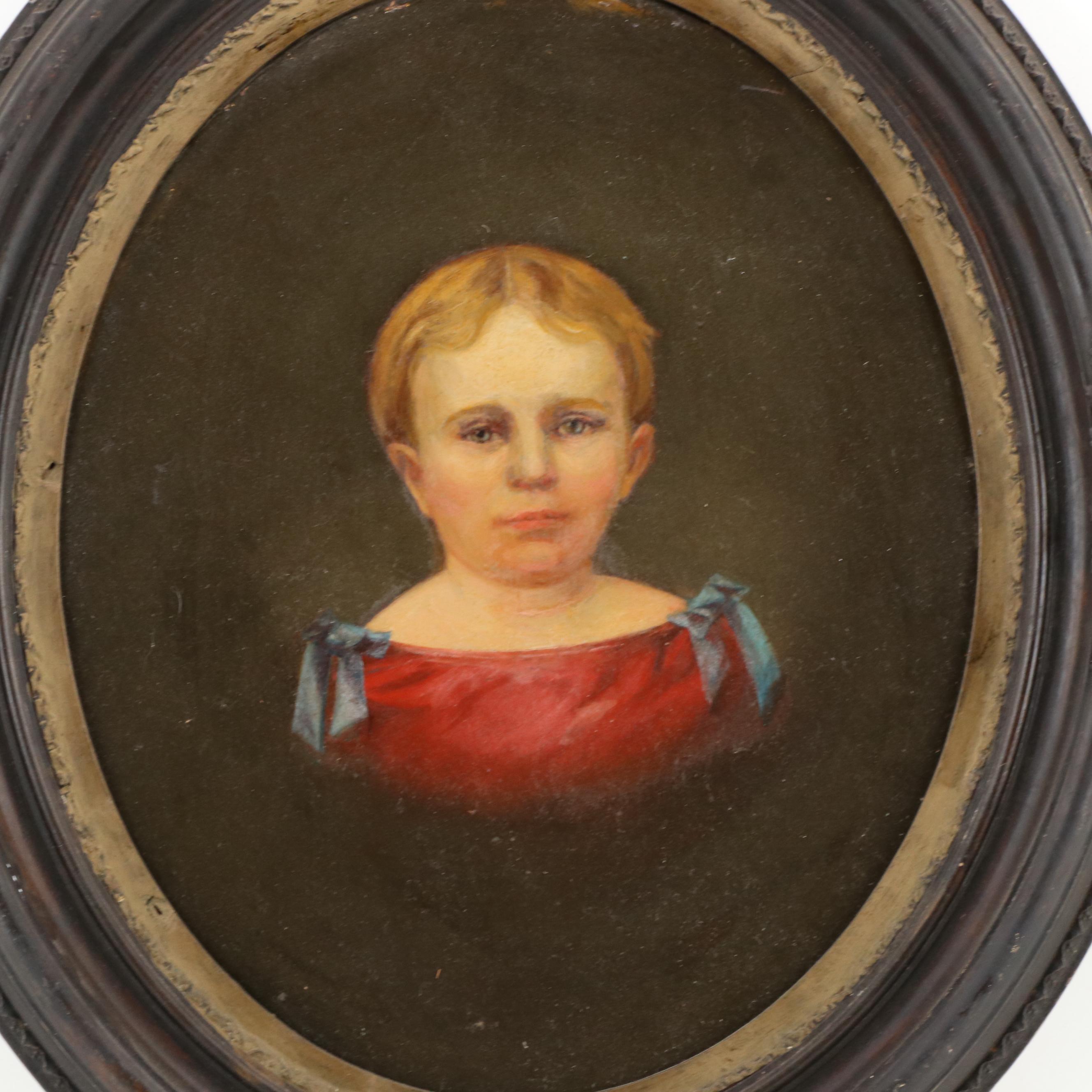 Portrait Oil Painting of Young Girl, Late 19th Century