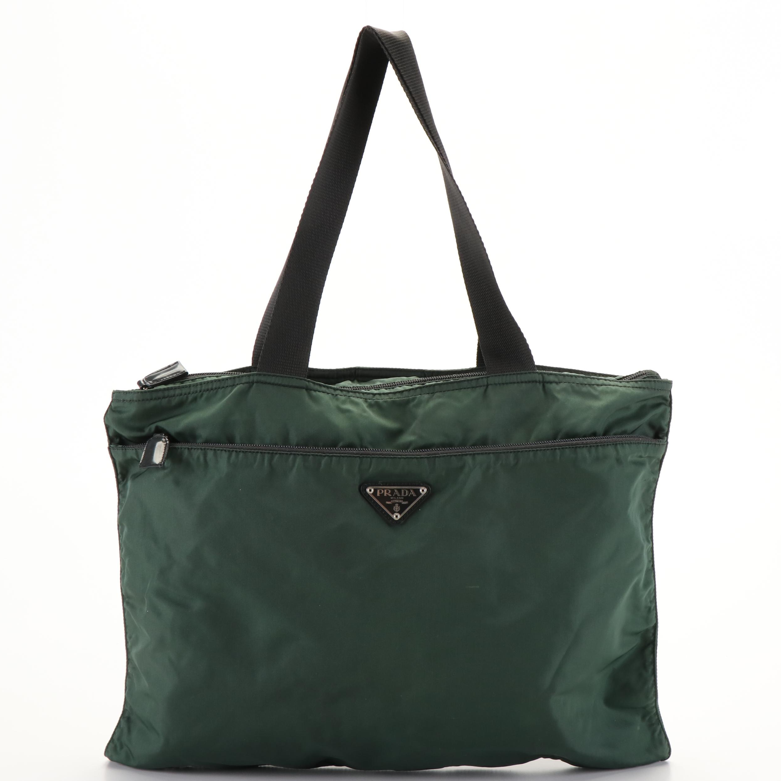 Prada Triangle Logo Tessuto Green Nylon Tote Bag