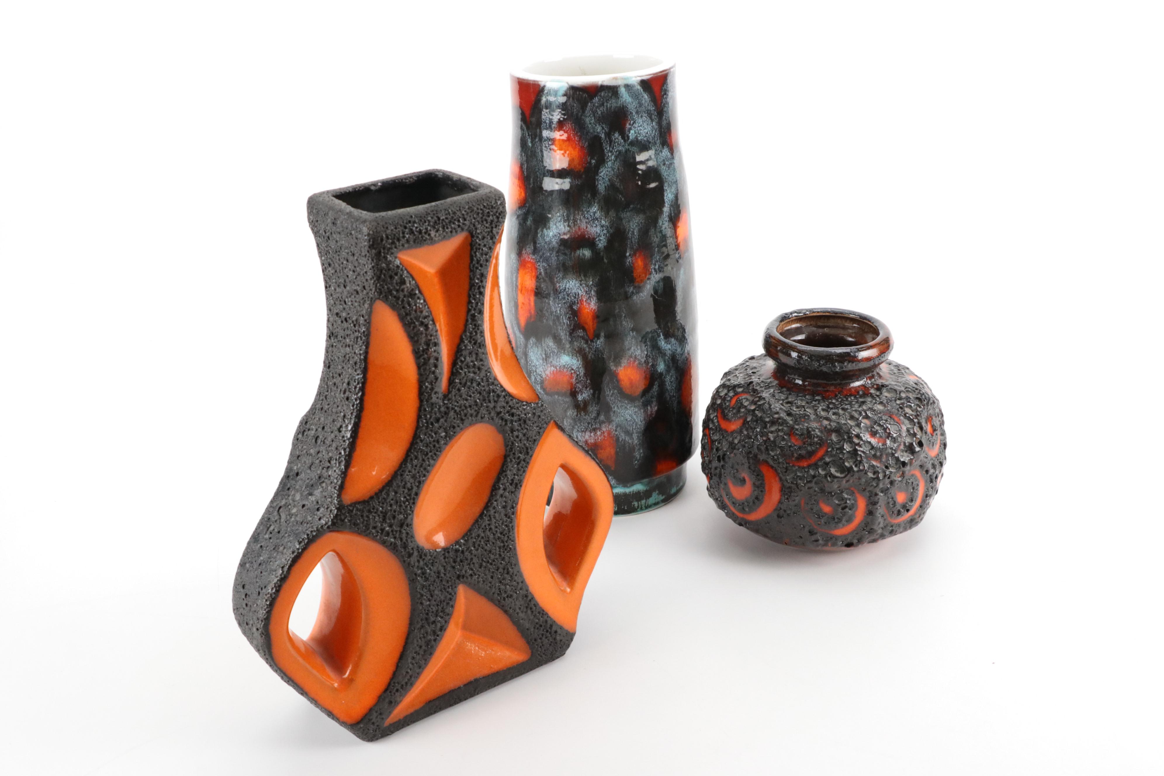 West German Fat Lava Vases with Poole English Vase, Mid to Late 20th Century