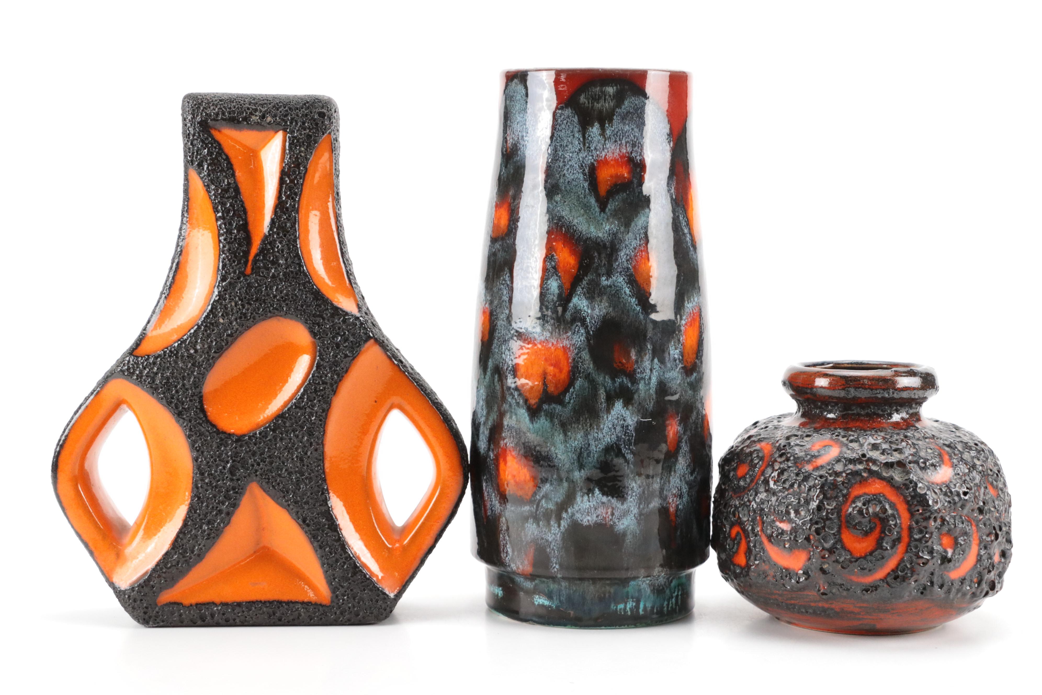 West German Fat Lava Vases with Poole English Vase, Mid to Late 20th Century