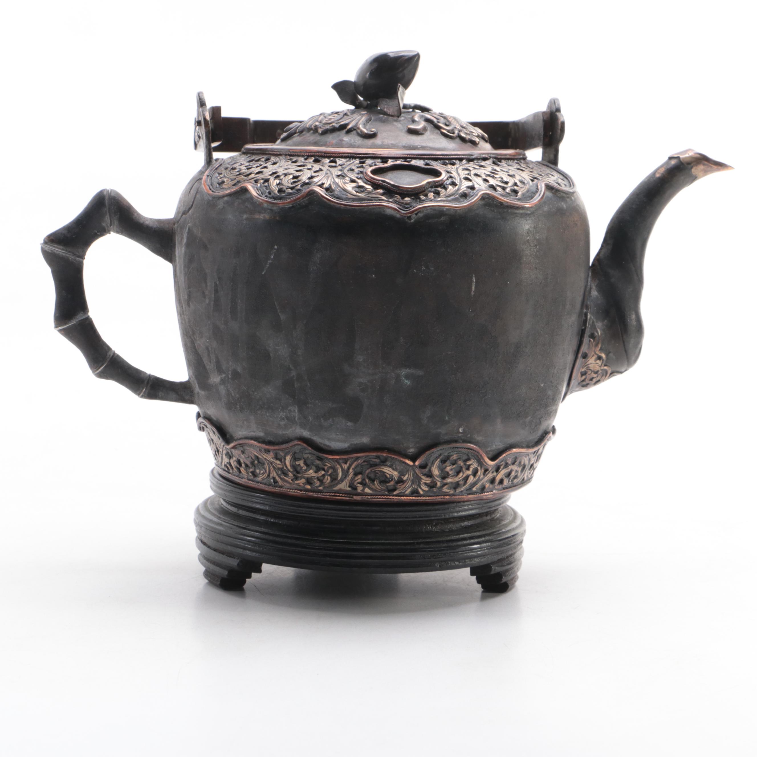 Chinese Metal Teapot with Acanthus Leaf Detail and Footed Wood Stand