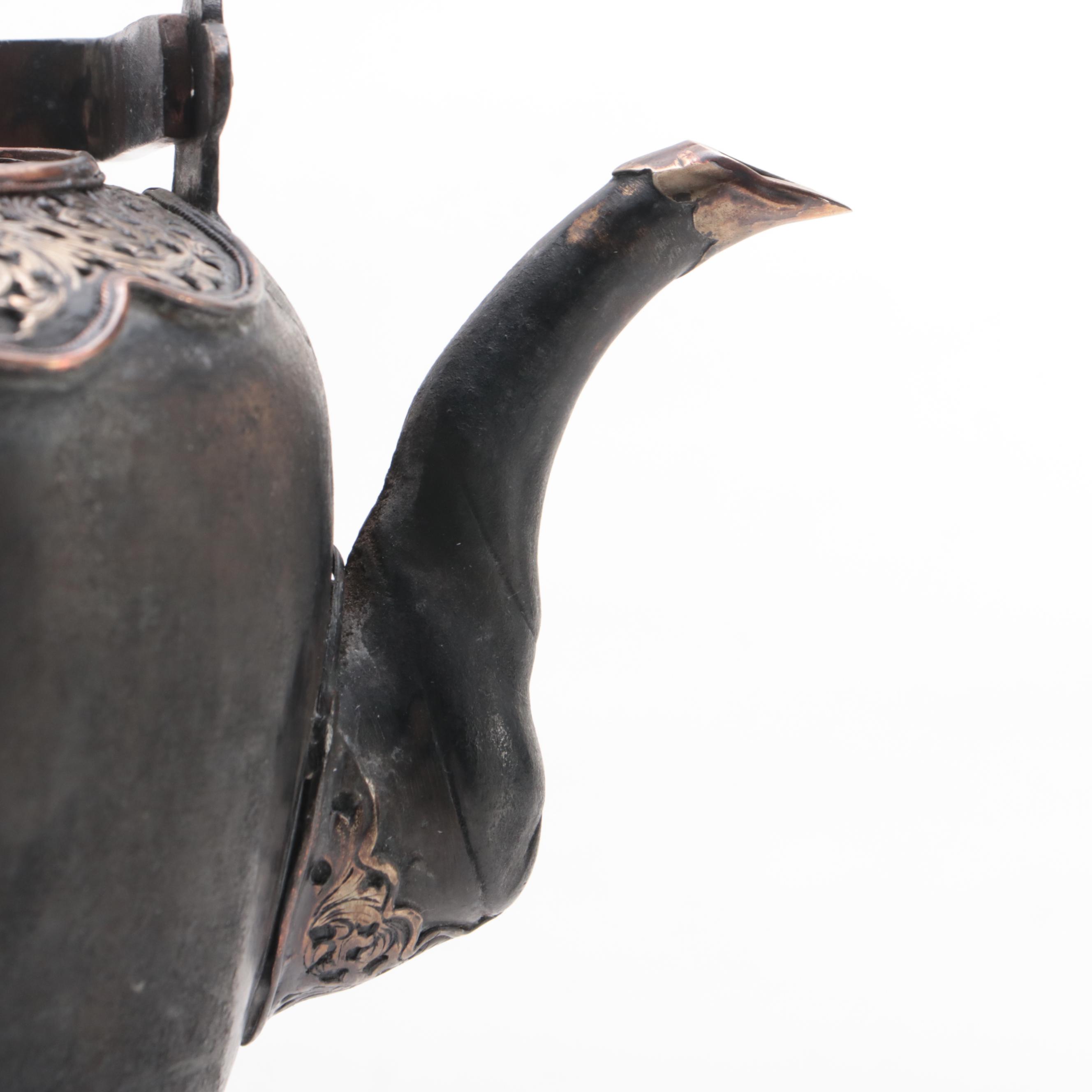 Chinese Metal Teapot with Acanthus Leaf Detail and Footed Wood Stand