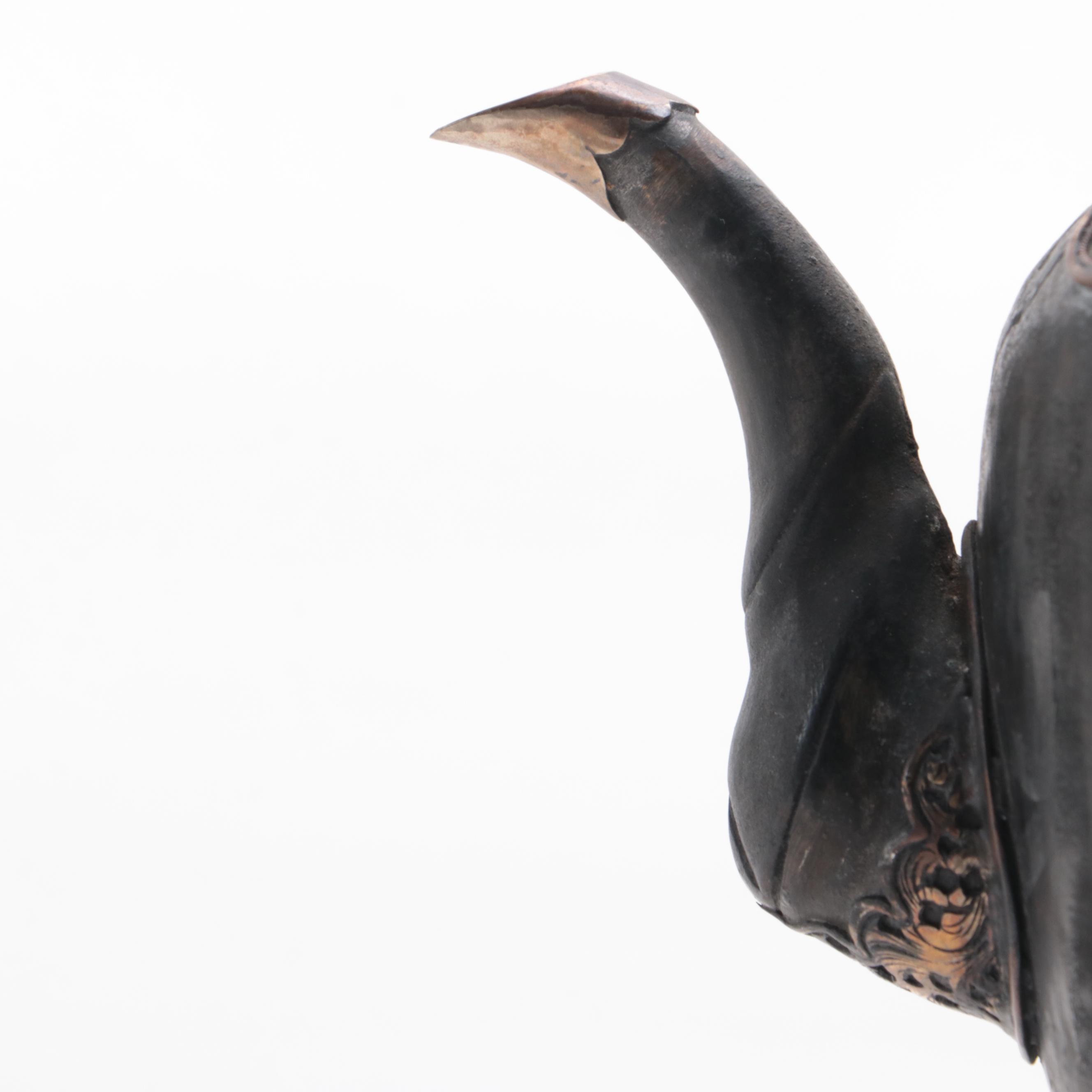 Chinese Metal Teapot with Acanthus Leaf Detail and Footed Wood Stand