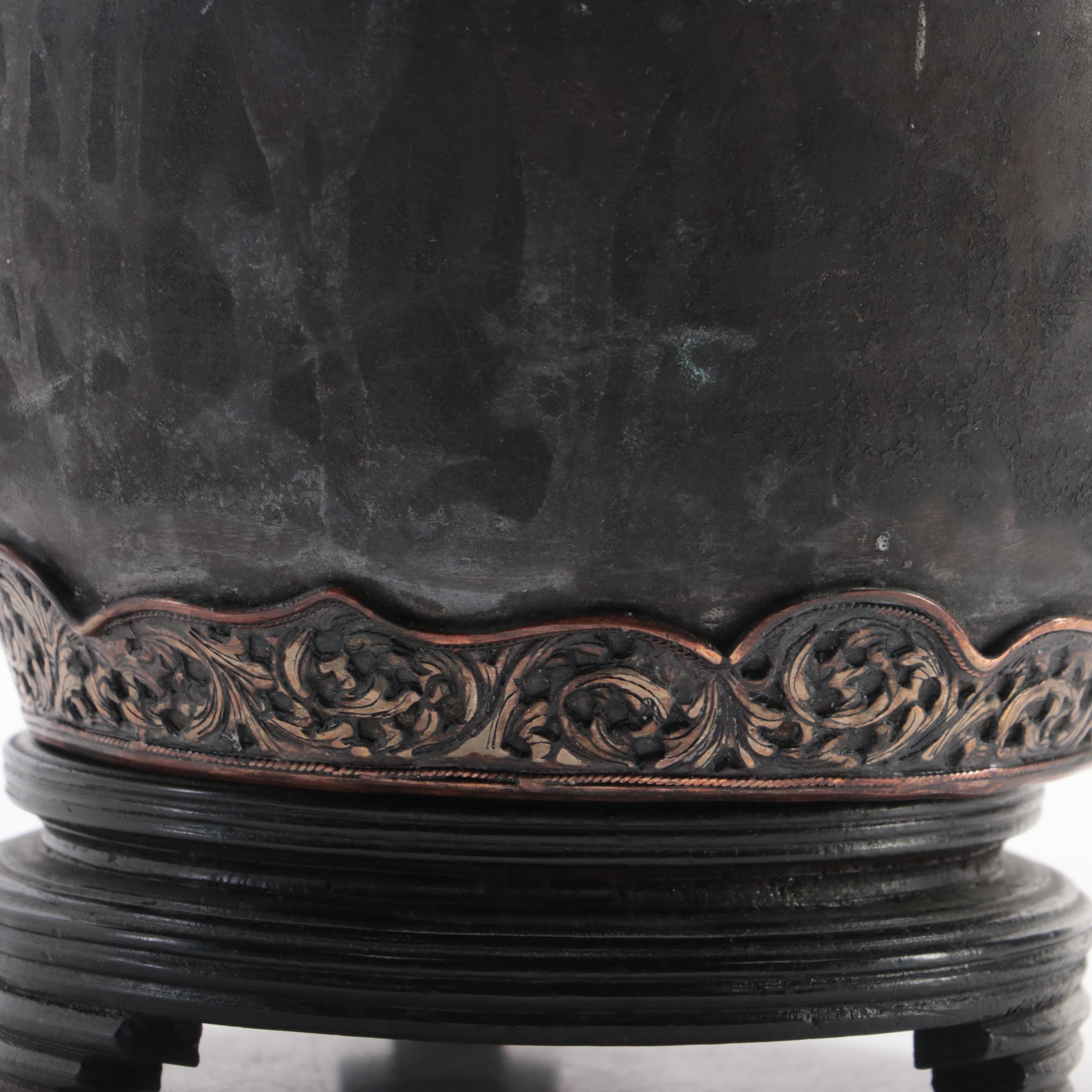 Chinese Metal Teapot with Acanthus Leaf Detail and Footed Wood Stand