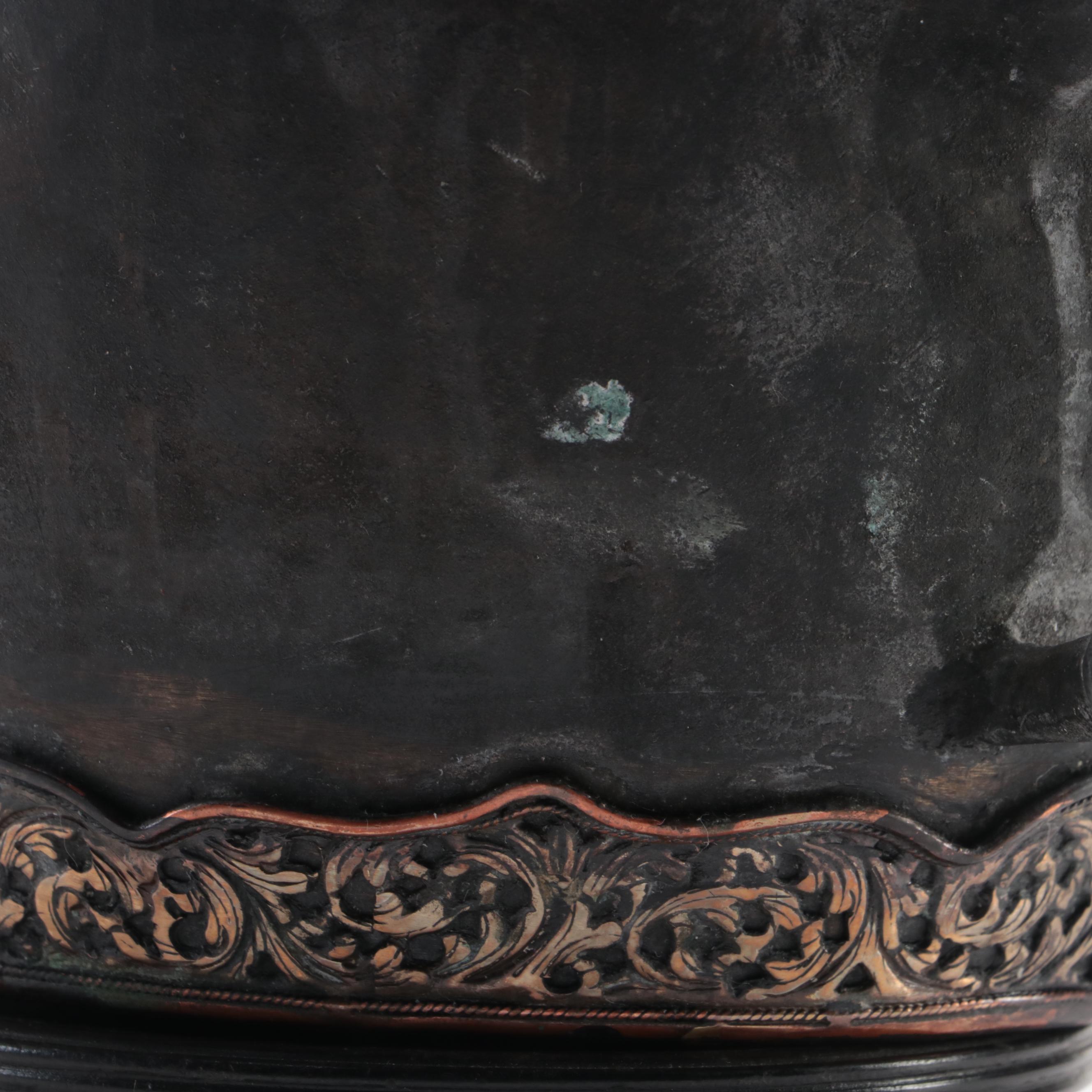 Chinese Metal Teapot with Acanthus Leaf Detail and Footed Wood Stand