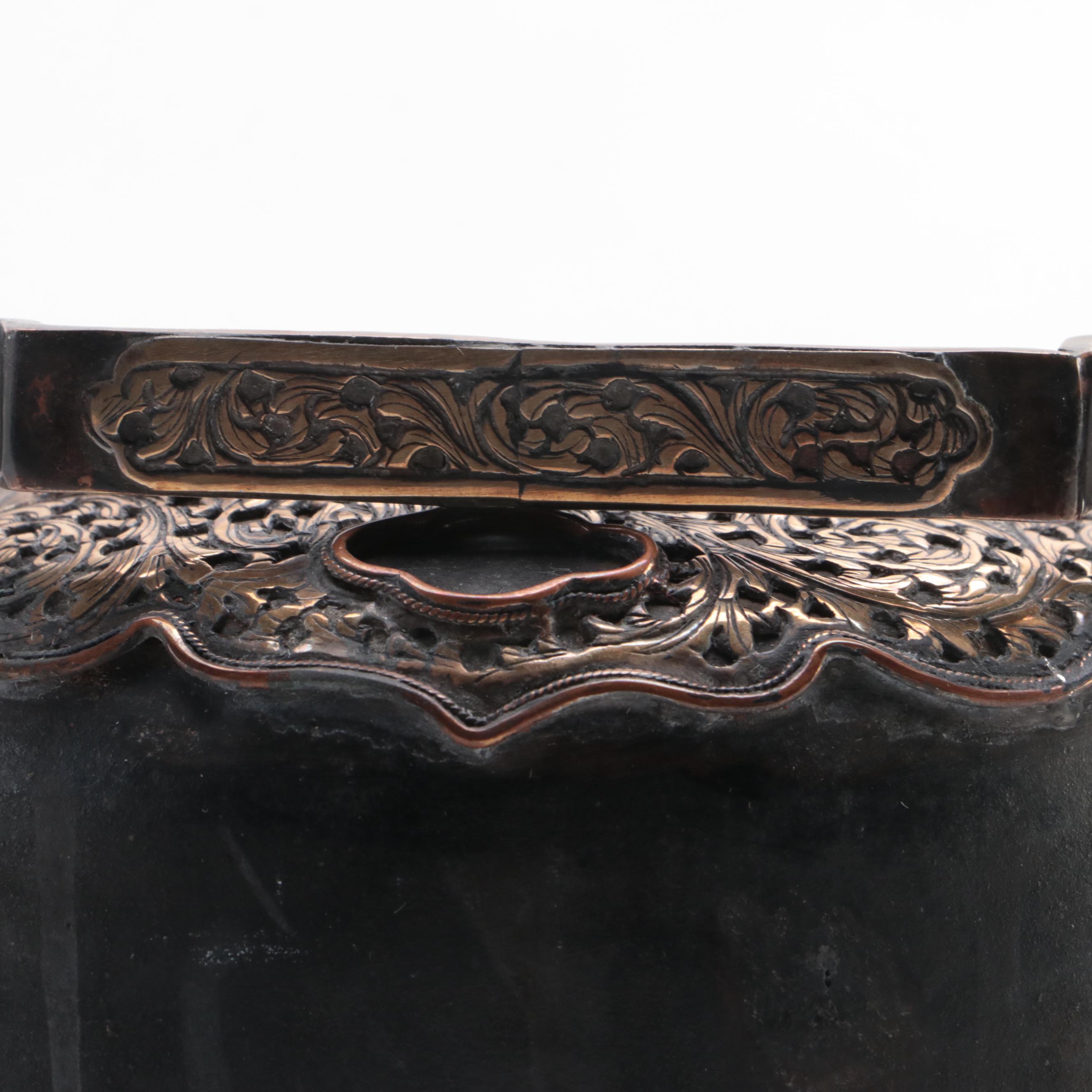 Chinese Metal Teapot with Acanthus Leaf Detail and Footed Wood Stand