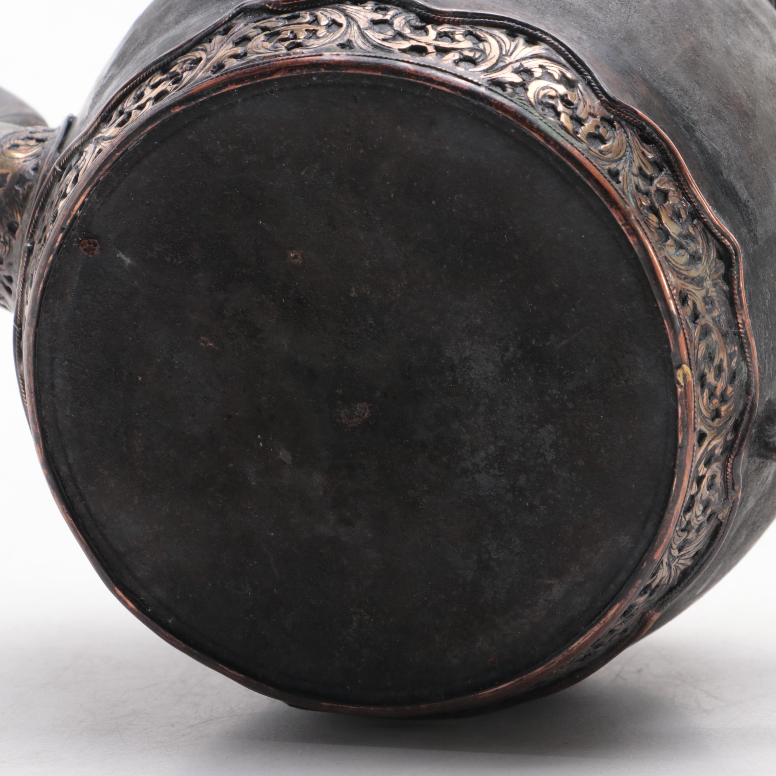 Chinese Metal Teapot with Acanthus Leaf Detail and Footed Wood Stand