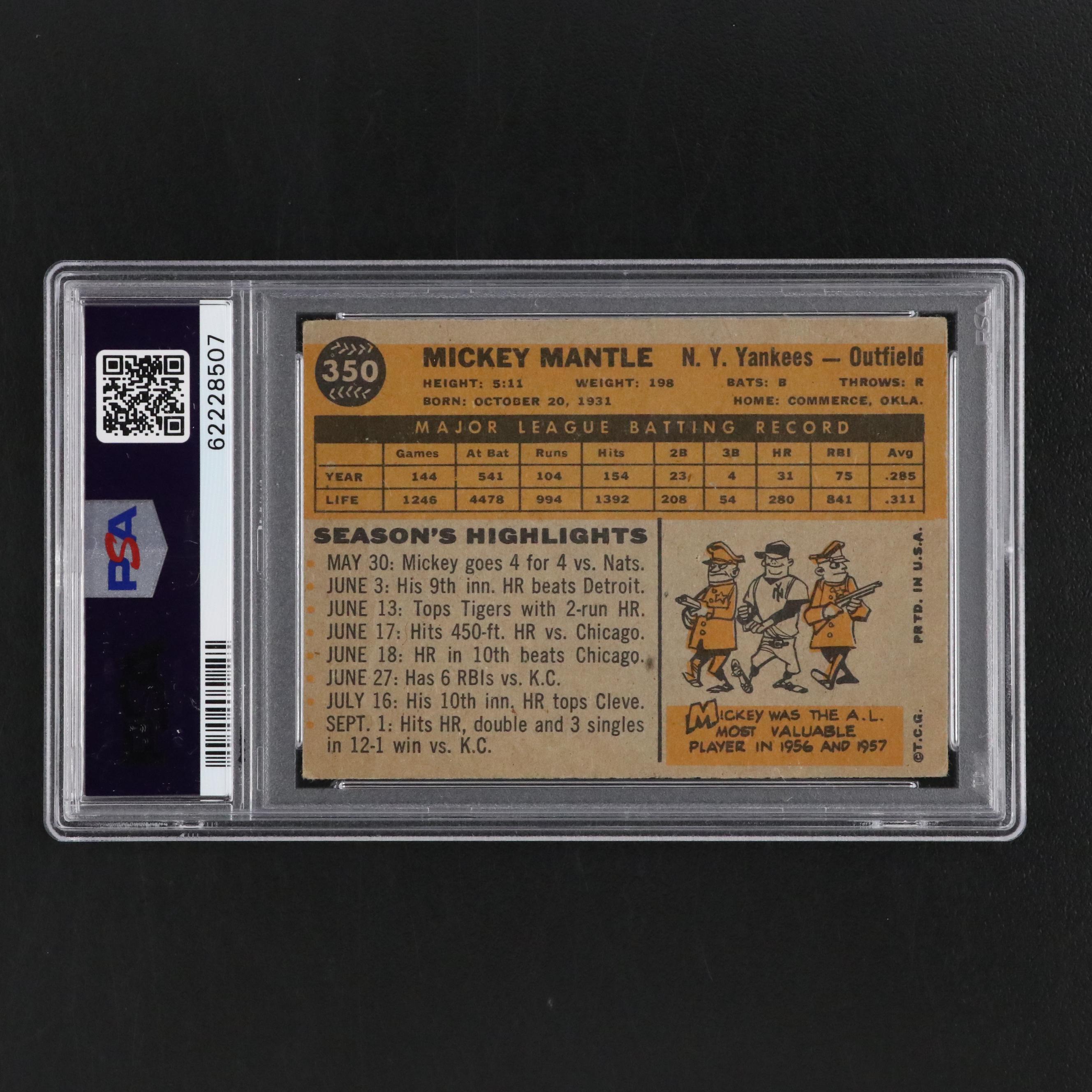 1960 Topps Mickey Mantle New York Yankees Baseball Card #350 Graded PSA 4