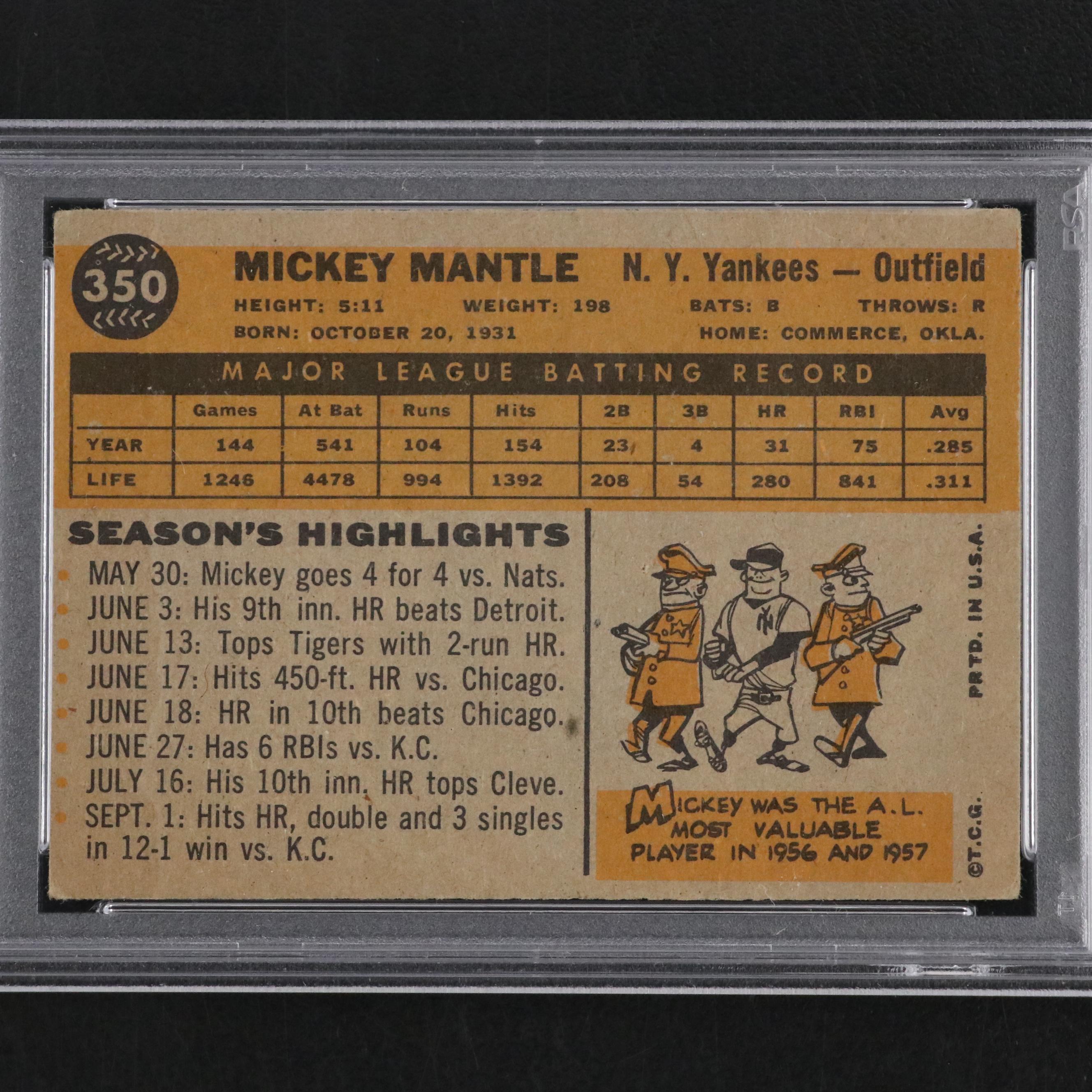 1960 Topps Mickey Mantle New York Yankees Baseball Card #350 Graded PSA 4