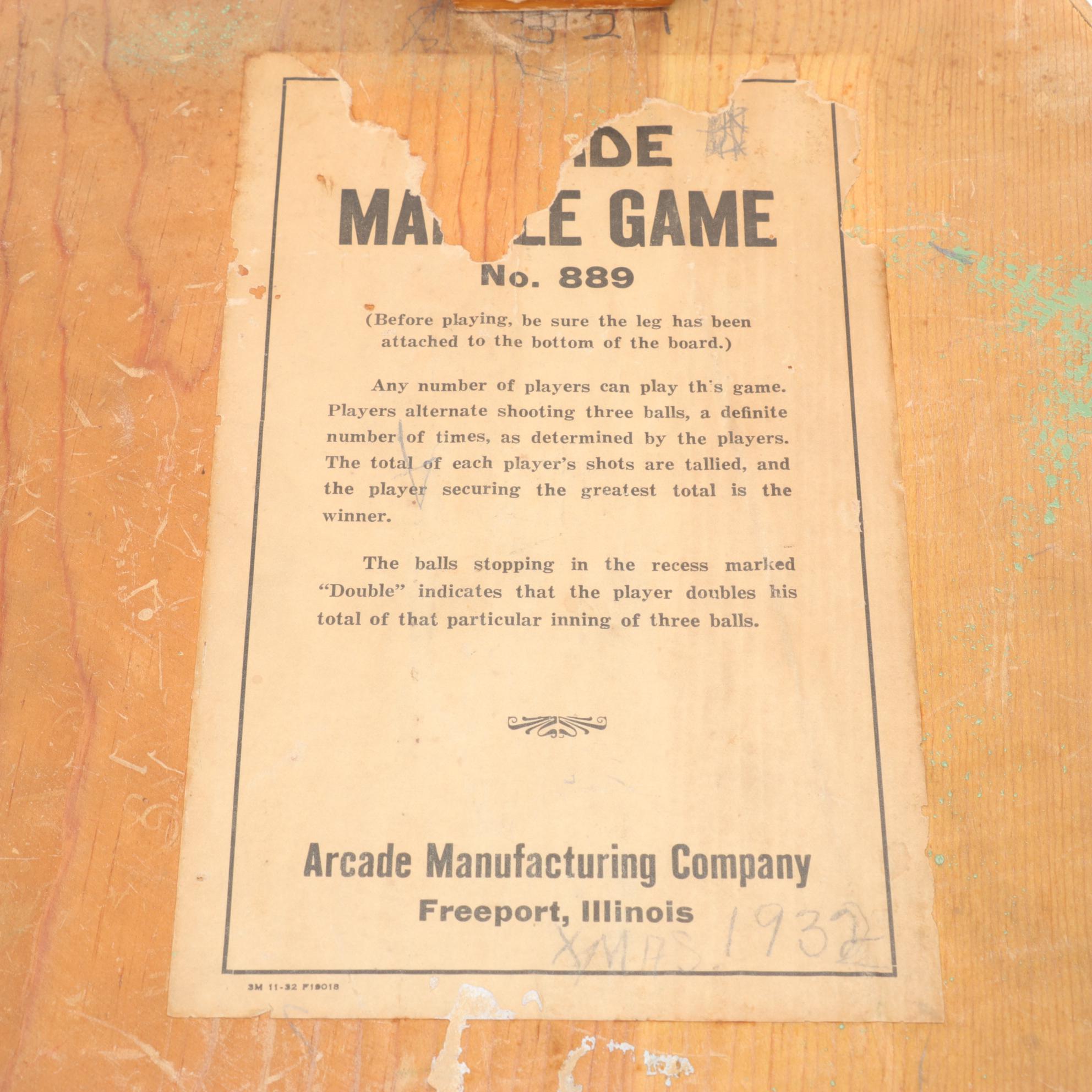 Arcade "Marble Game" Tabletop Pinball Game, Early 20th Century