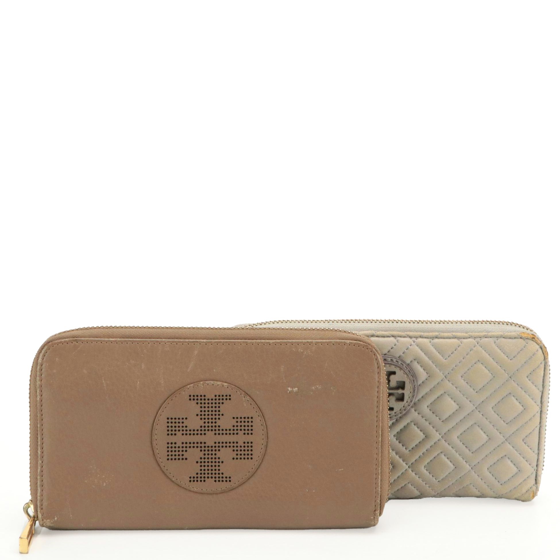 Tory Burch Grained Leather and Fleming Quilted Polyurethane Zip-Around Wallets